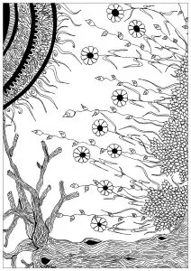 Drawing composed of plant elements, representing the meeting between spermatozoa and an egg
