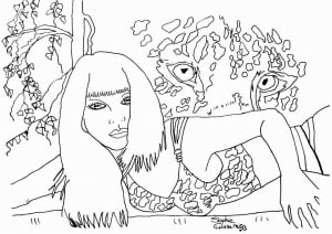 Beauty spied by a strange creature (Anti-stress / Zen Coloring Page)
