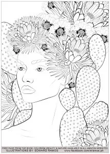 Woman with cacti and exotic flowers
