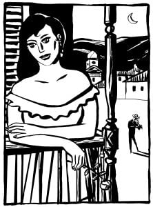 Woman on balcony in moonlight (Anti-stress / Zen Coloring Page)