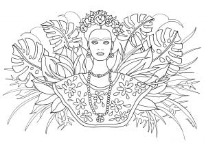 Frida Kahlo and leaves (Anti-stress / Zen Coloring Page)