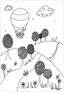 Coloring hot air balloon over the plains by leen margot