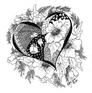 Coloring page love heart with leaves and flowers