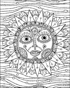 Smiling sun with waves in the background (Anti-stress / Zen Coloring Page)