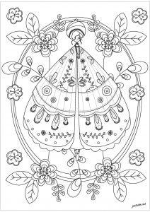 Woman with an incredible dress and flowers floating around (Anti-stress / Zen Coloring Page)