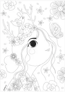 Woman looking at a butterfly, with flowers floating around