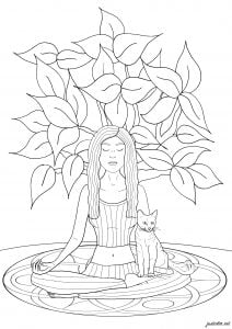 Yoga: Woman and cat (Anti-stress / Zen Coloring Page)