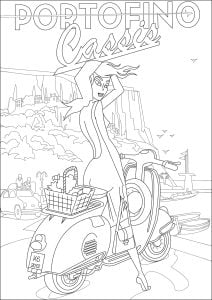 Poster inspired by the town of Cassis in France. Young woman on her motorcycle, ready to tour the city in the pleasant summer heat Poster inspired by the town of cassis in france