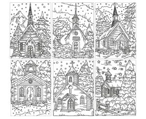 Coloring adult church under the snow