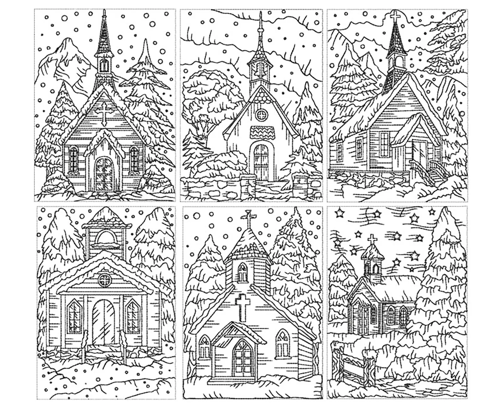 Church under the snow (Printable Architecture, Cities and Houses Coloring Page for adults)