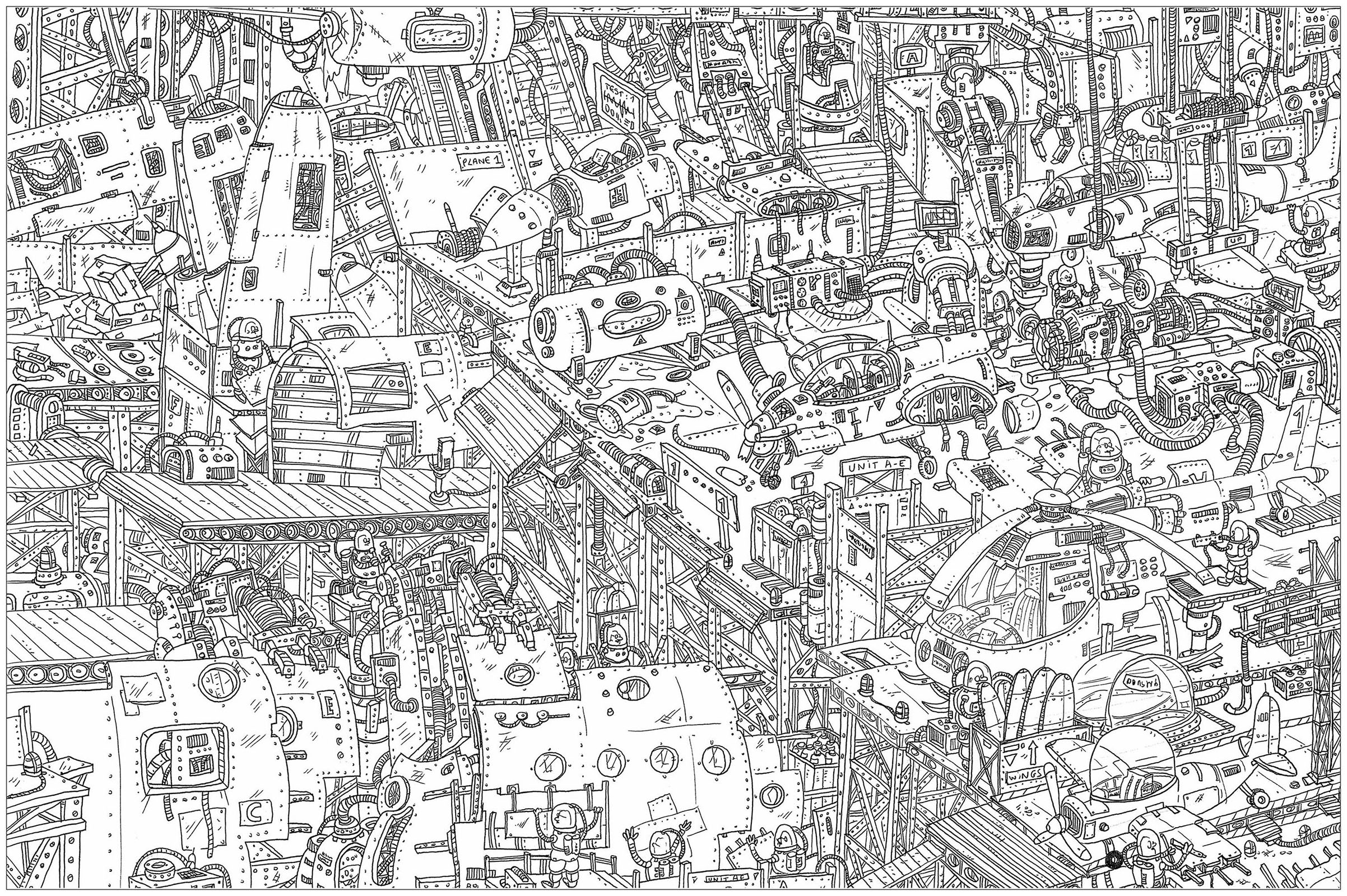 'Factory', a complex coloring page, 'Where is Waldo ?' style