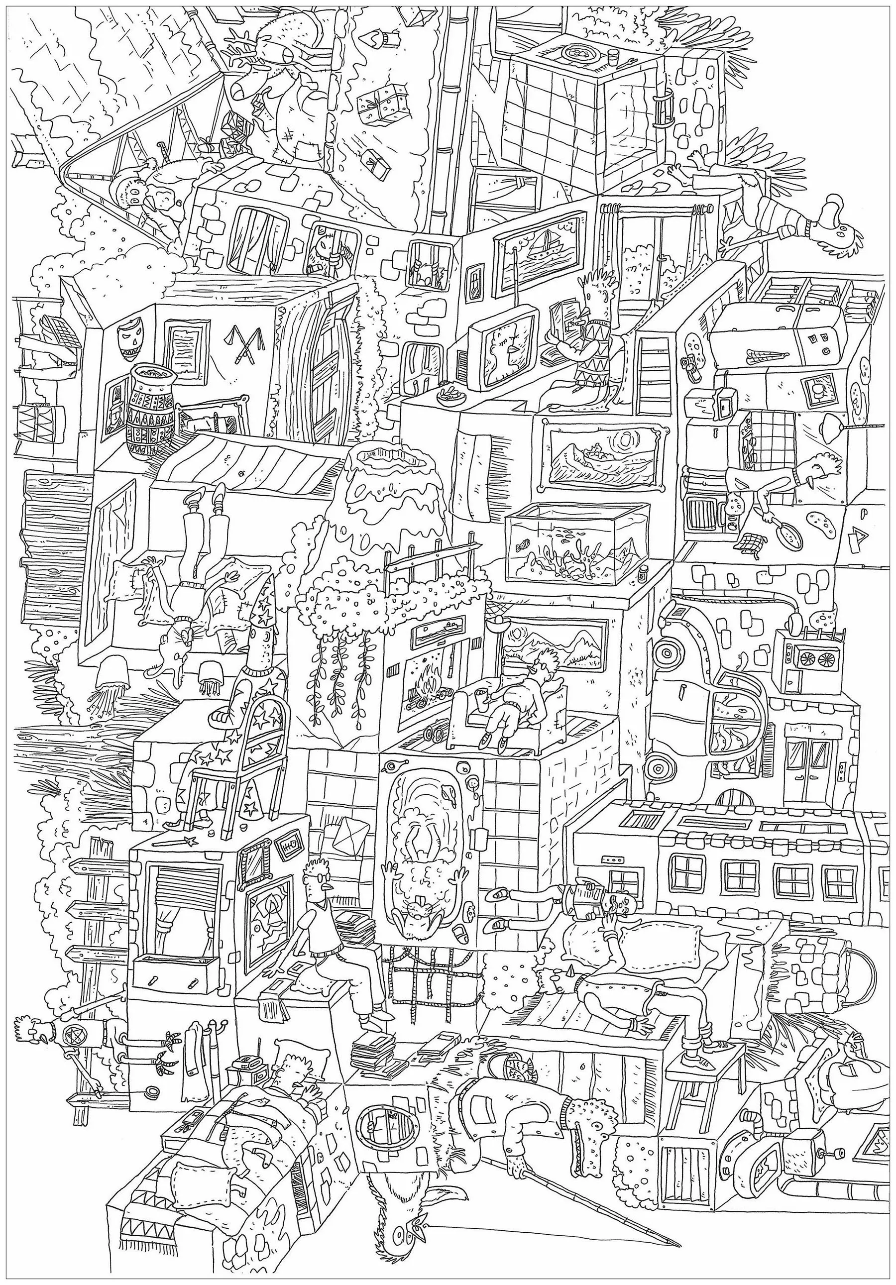 Complex meli melo (Printable Architecture, countries and cities Coloring Page for adults)