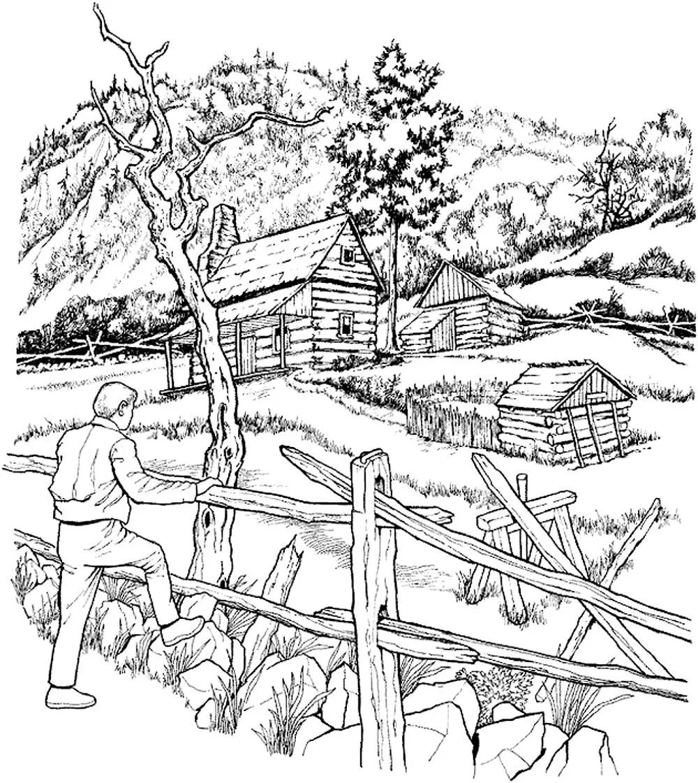 Snowy cabins (Printable Architecture, countries and cities Coloring Page for adults)