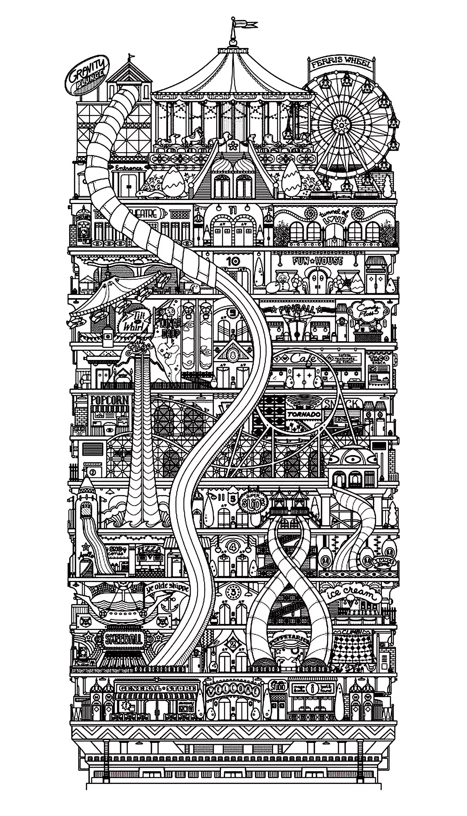 Architecture city vertical (Printable Architecture, countries and cities Coloring Page for adults)