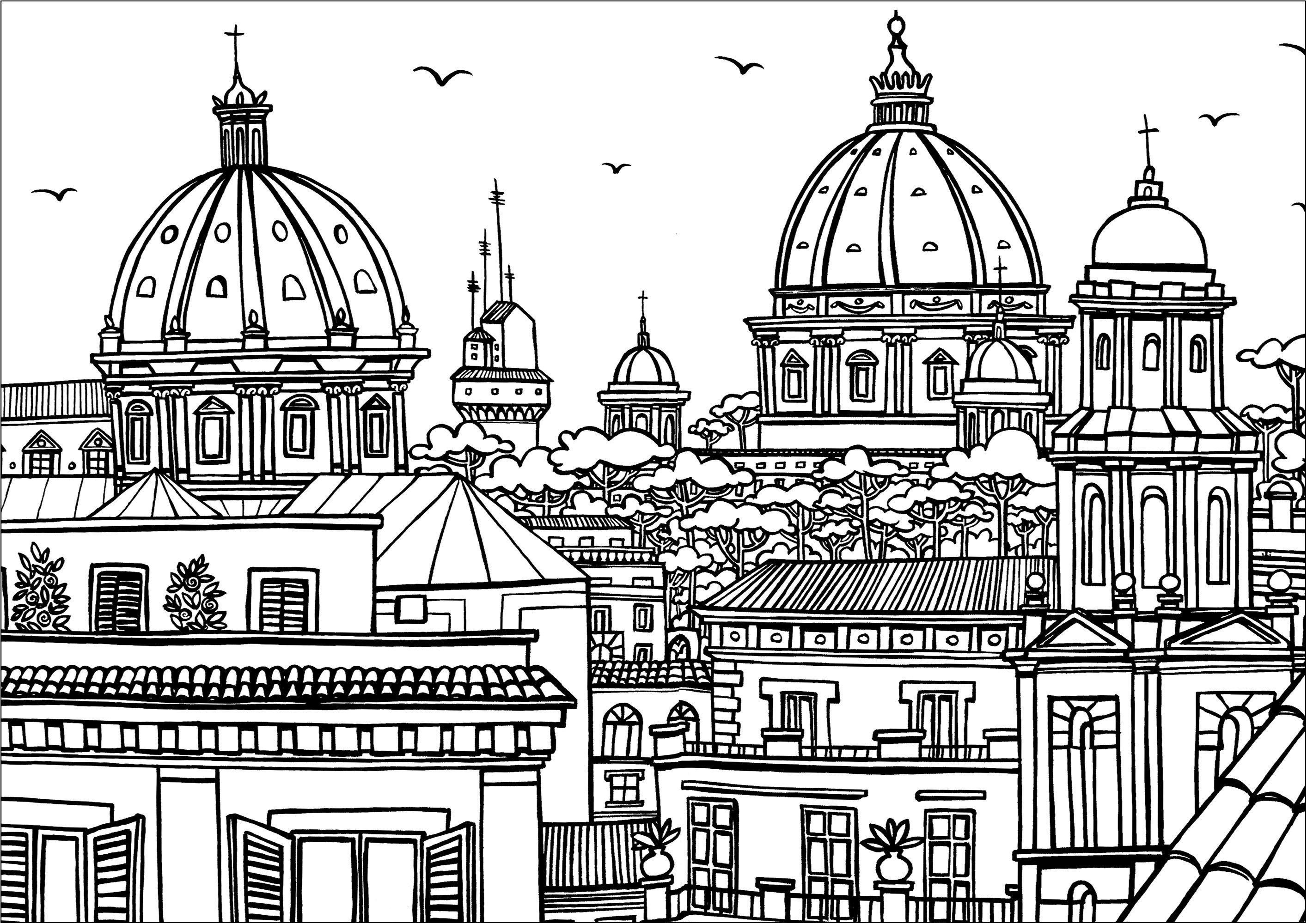 Colouring drawing of various monuments in Rome. Various homes, churches and monuments in Rome, seen from above. The Santa Maria di Loreto church and the Santissimo Nome di Maria al Foro Traiano church, near Piazza Venezia and Capitoline Hill, are clearly recognizable.