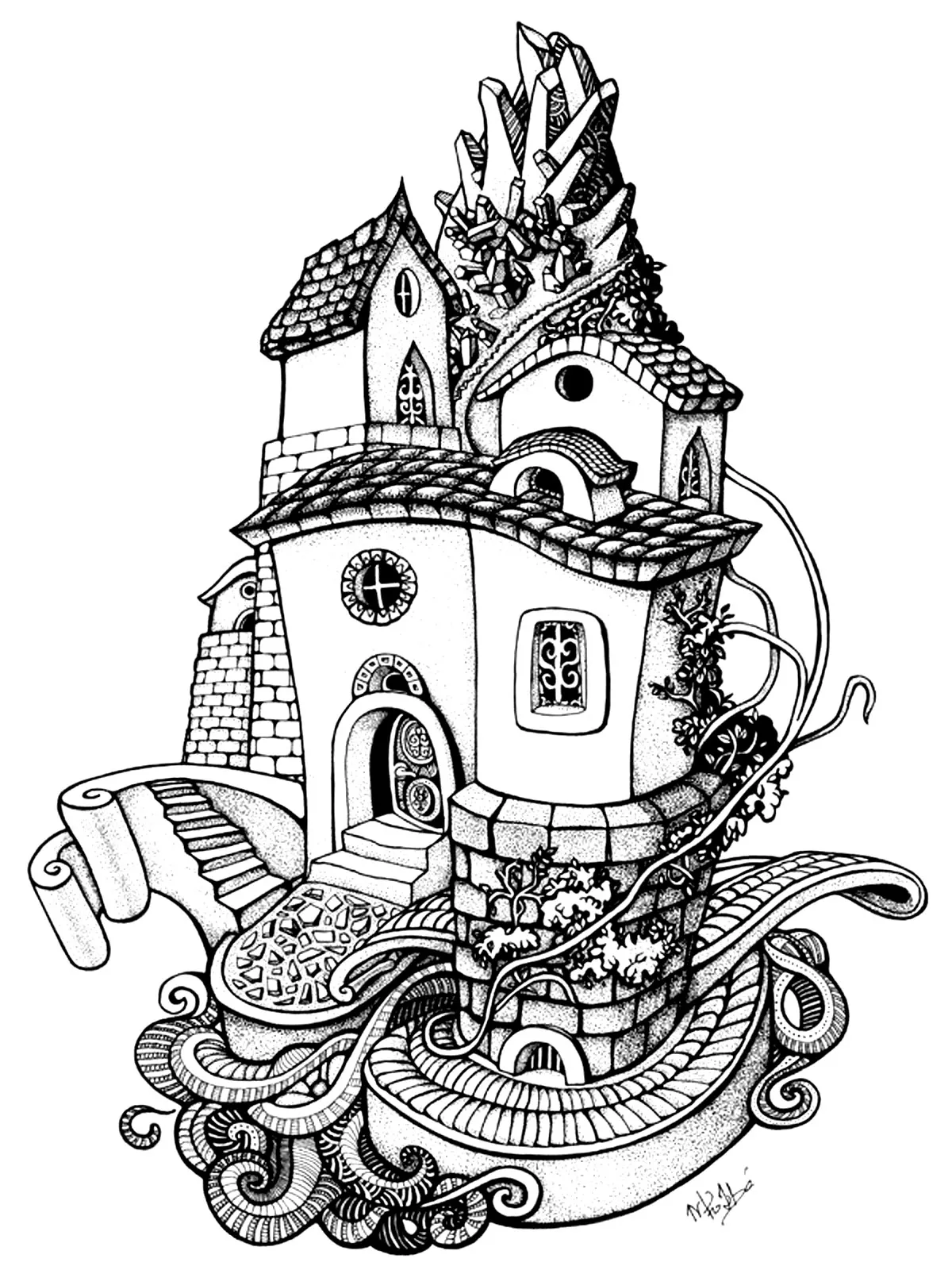 Architecture house rounded (Printable Architecture, countries and cities Coloring Page for adults)