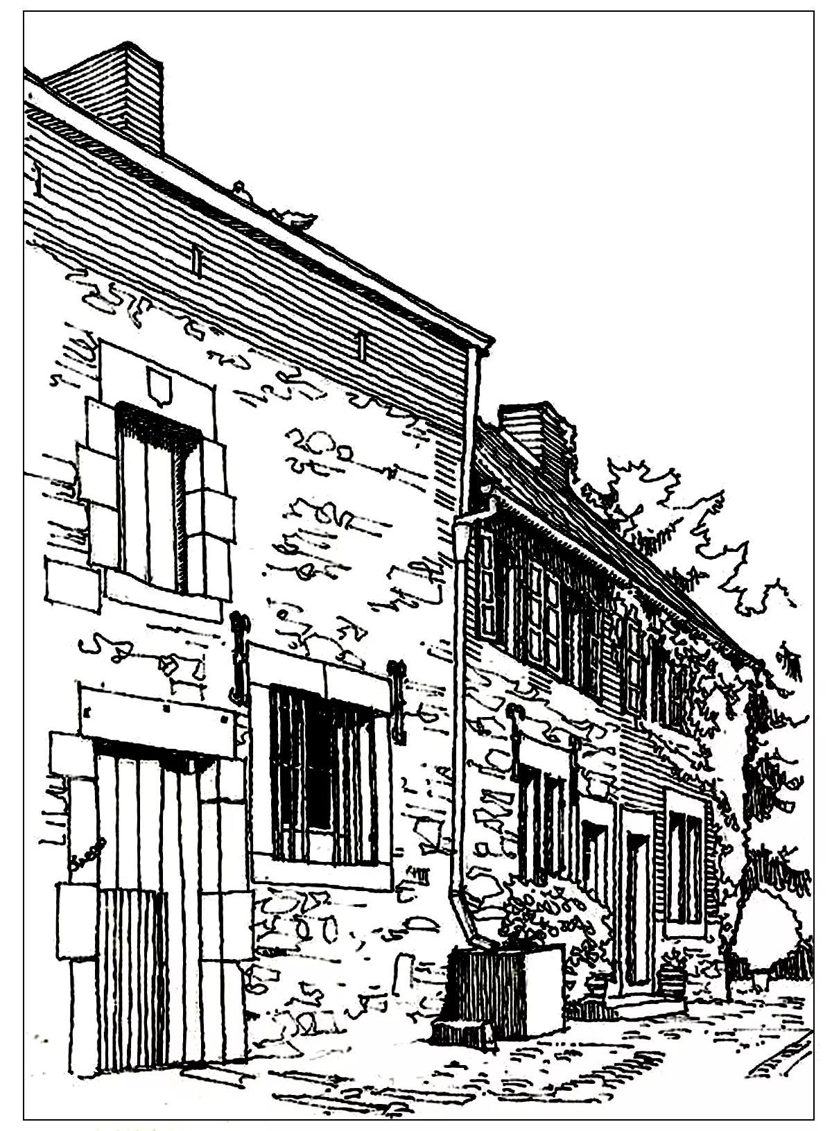 Typical architecture of the South of France (Printable Architecture, Cities and Houses Coloring Page for adults)
