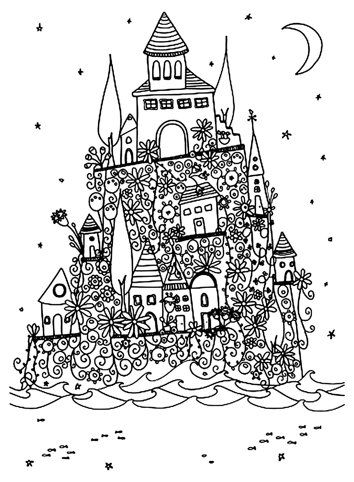 Download Architecture village on a hill - Architecture Adult Coloring Pages