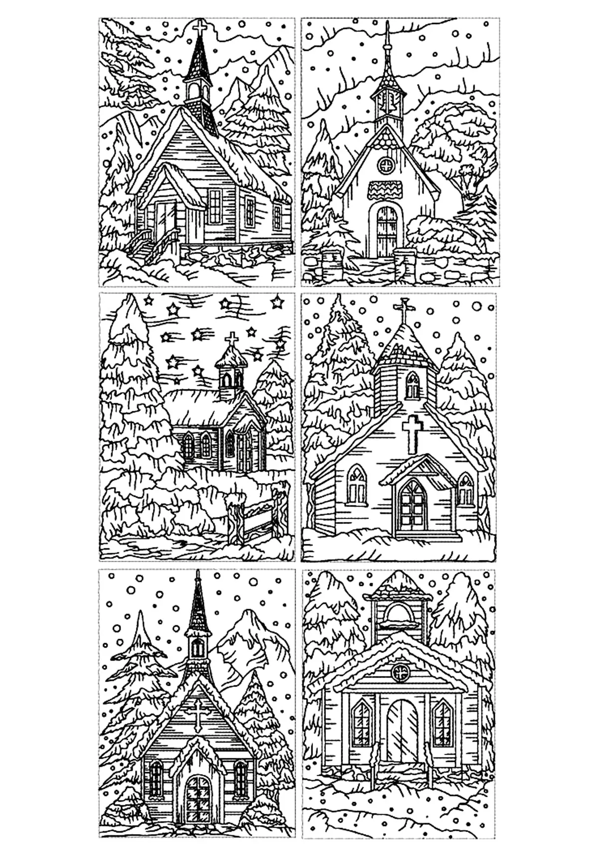 Architecture winter church (Printable Architecture, countries and cities Coloring Page for adults)