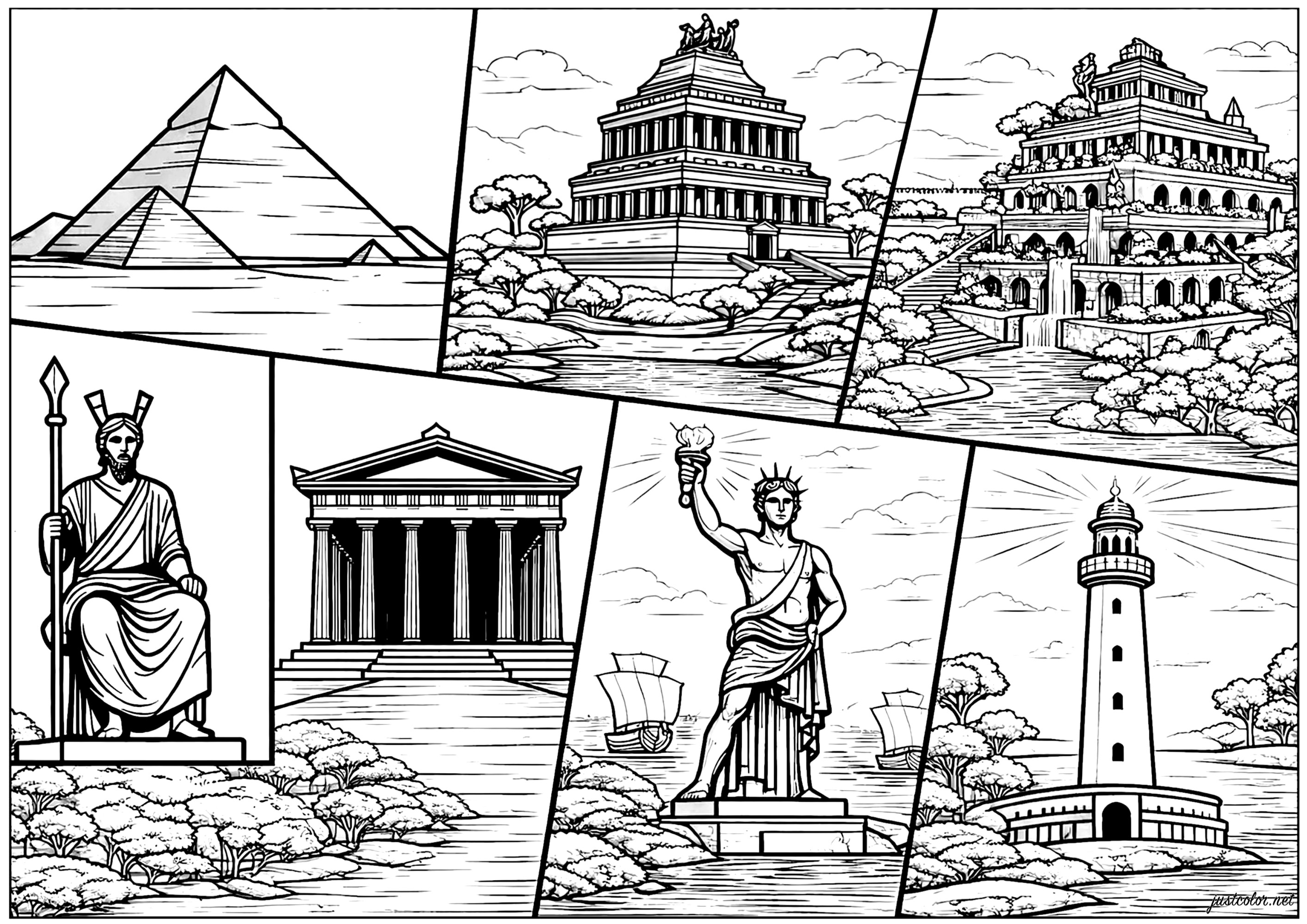 Splendors of Ancient Wonders (Printable Countries, cities and architecture Coloring Page for adults)