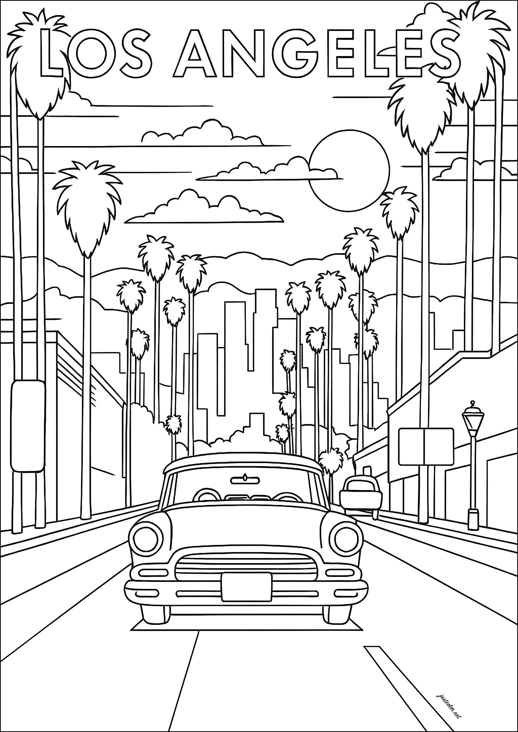 Long street in Los Angeles, with nice car (Printable Architecture, countries and cities Coloring Page for adults)
