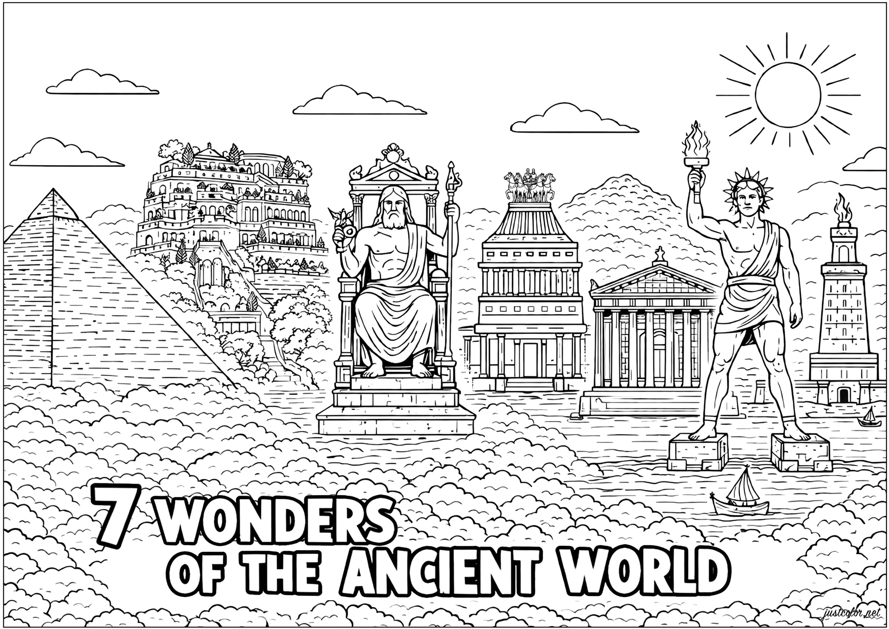 Magnificent wonders of the ancient world (Printable Countries, cities and architecture Coloring Page for adults)