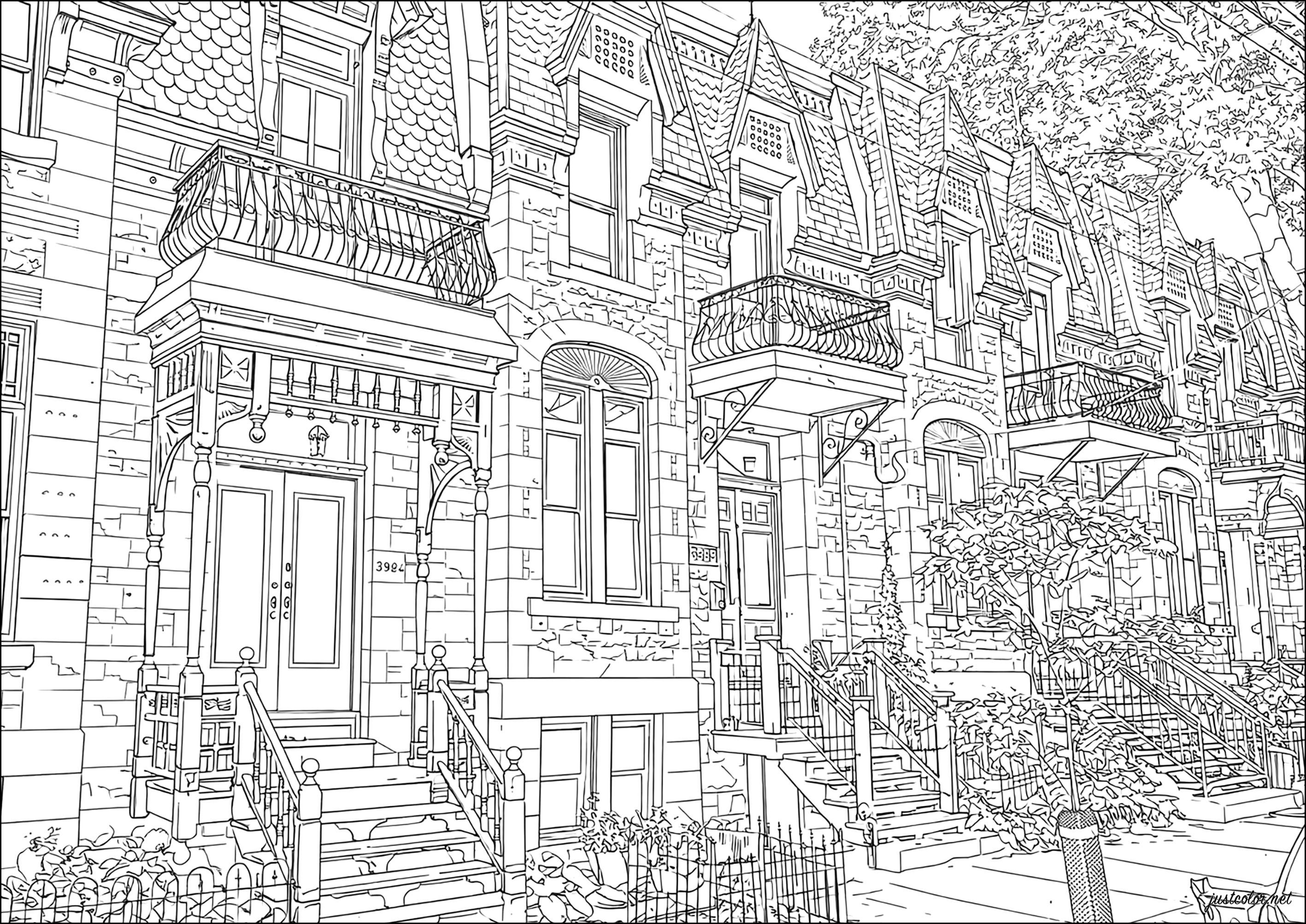 Iconic facades of Montreal (Printable Countries, cities and architecture Coloring Page for adults)