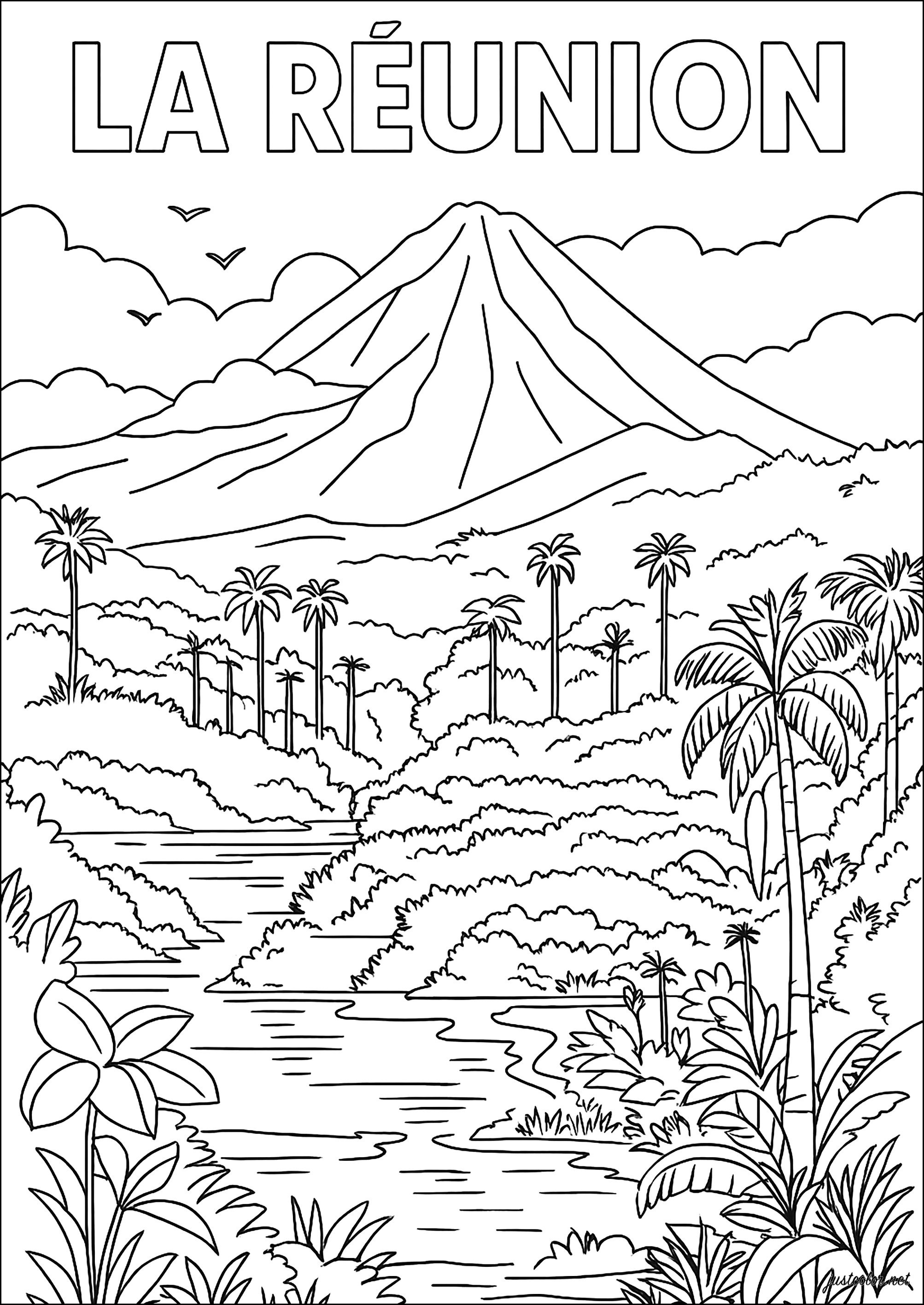 Escape to the tropical landscapes of Reunion Island (Printable Architecture, countries and cities Coloring Page for adults)