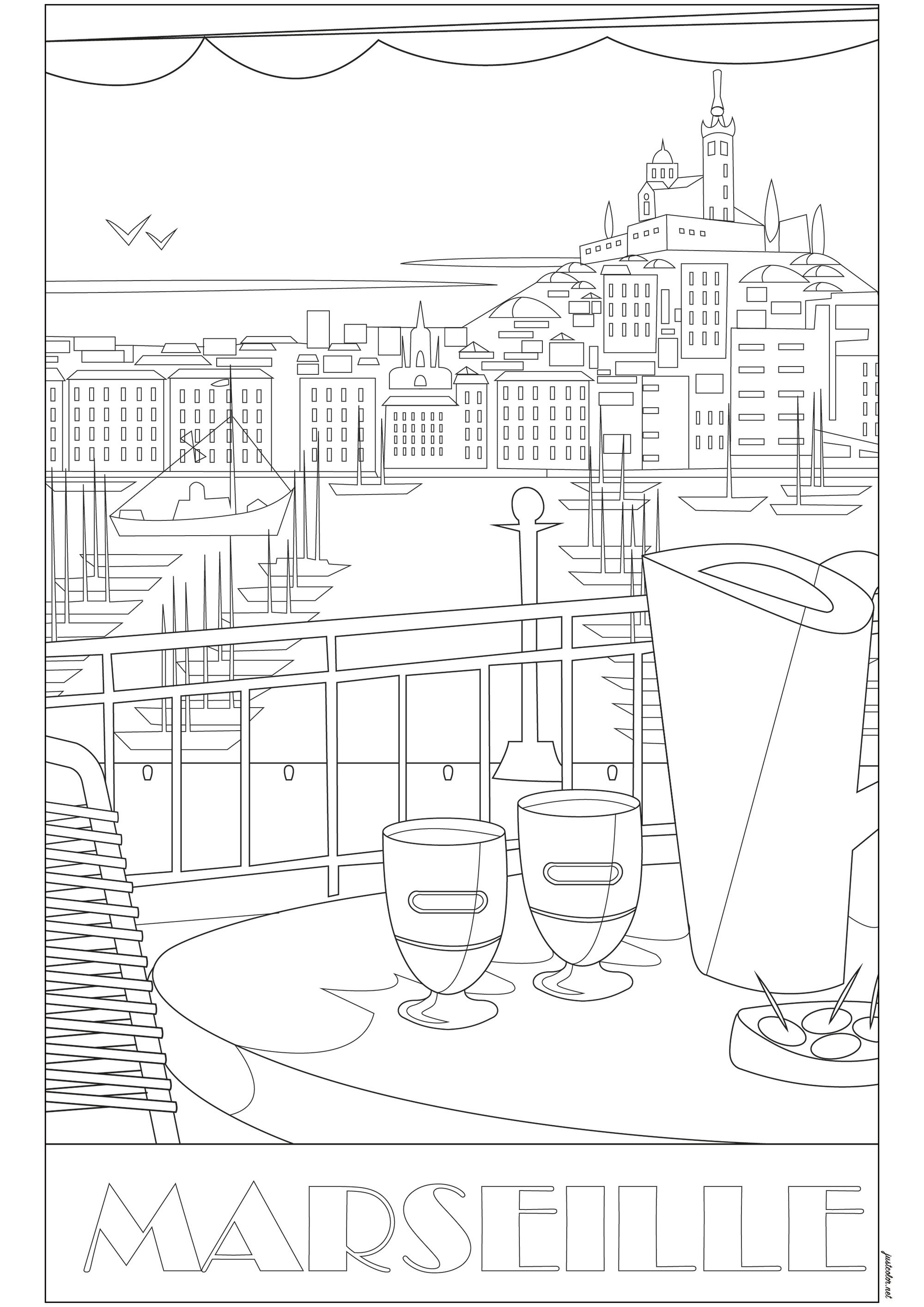 An aperitif in Marseille (France) (Printable Countries, cities and architecture Coloring Page for adults)