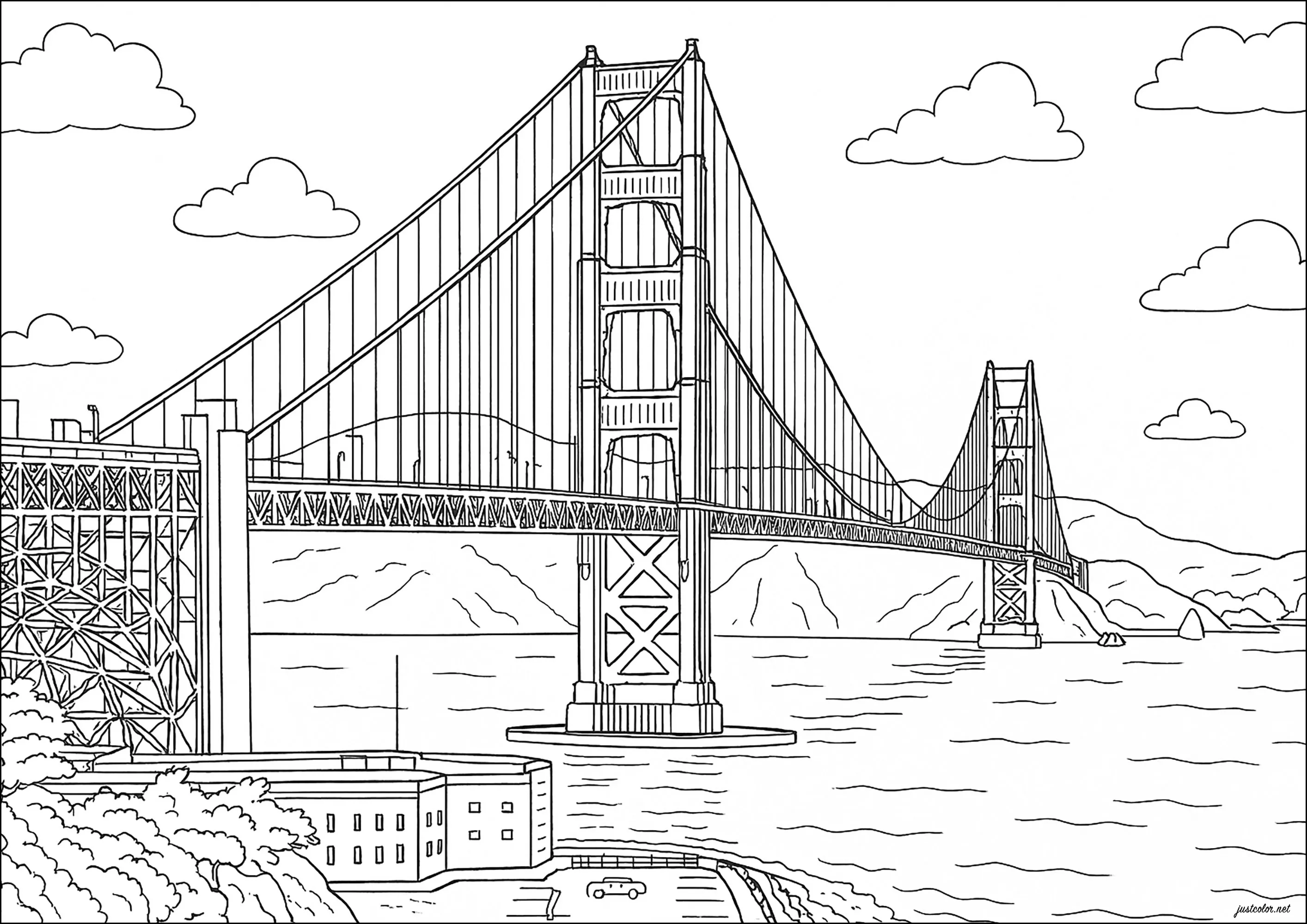 The Golden Gate Bridge in San Francisco (California, USA) - landscape format (Printable Architecture, countries and cities Coloring Page for adults)