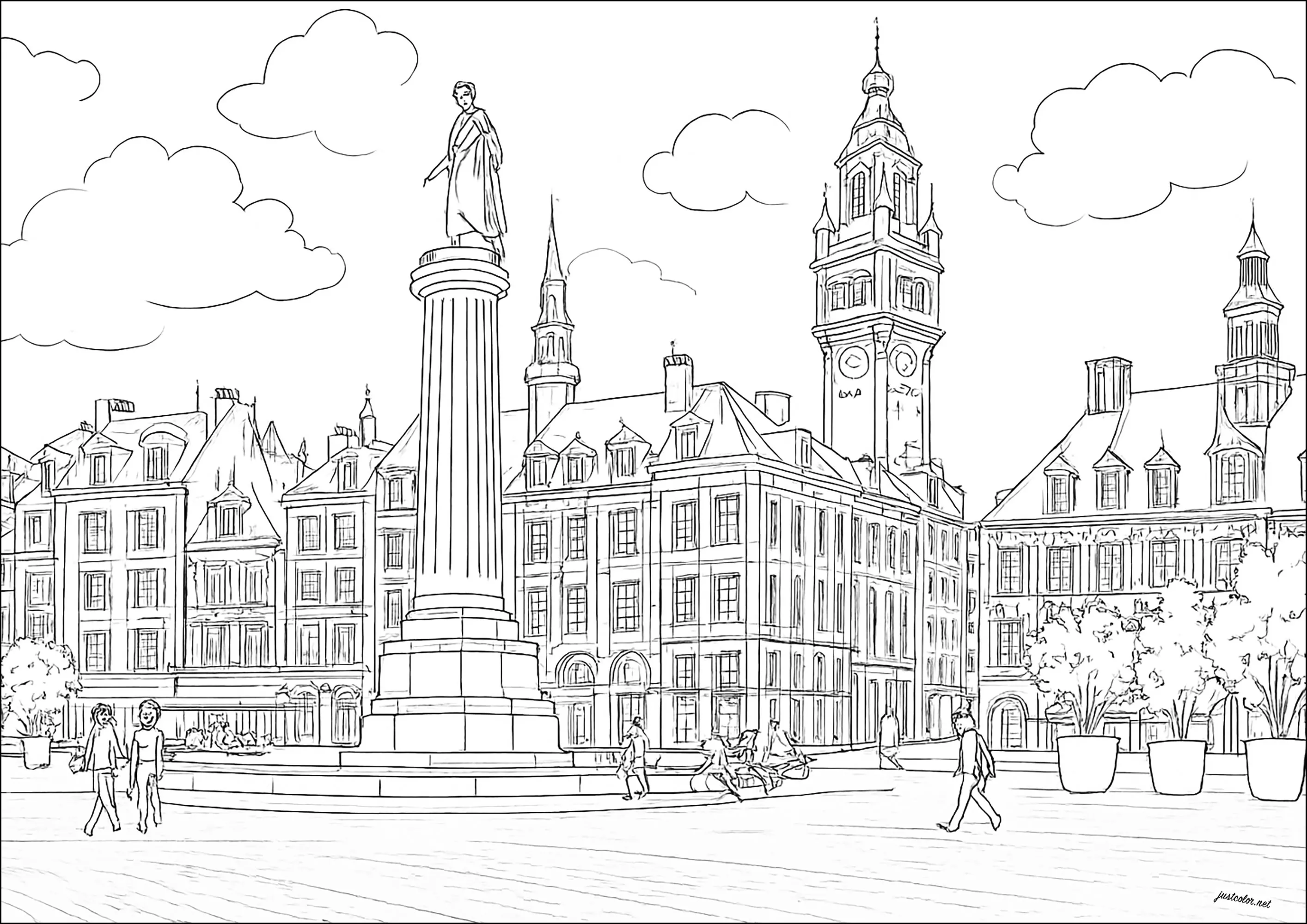 Grand-Place, Lille (France) (Printable Architecture, countries and cities Coloring Page for adults)