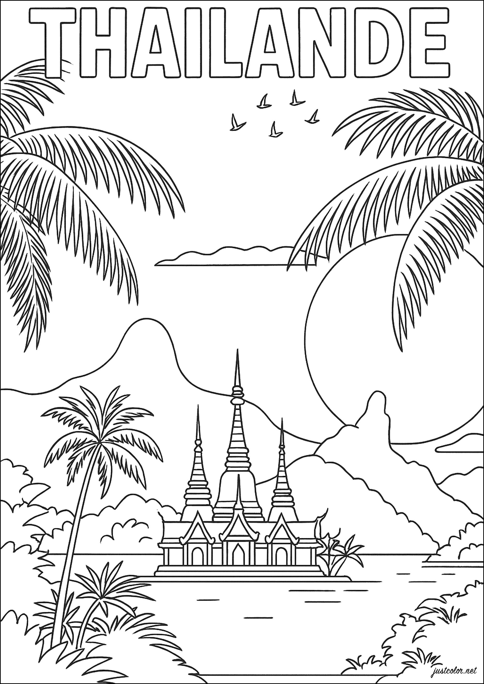Escape to Thailand's paradise landscapes (Printable Architecture, countries and cities Coloring Page for adults)
