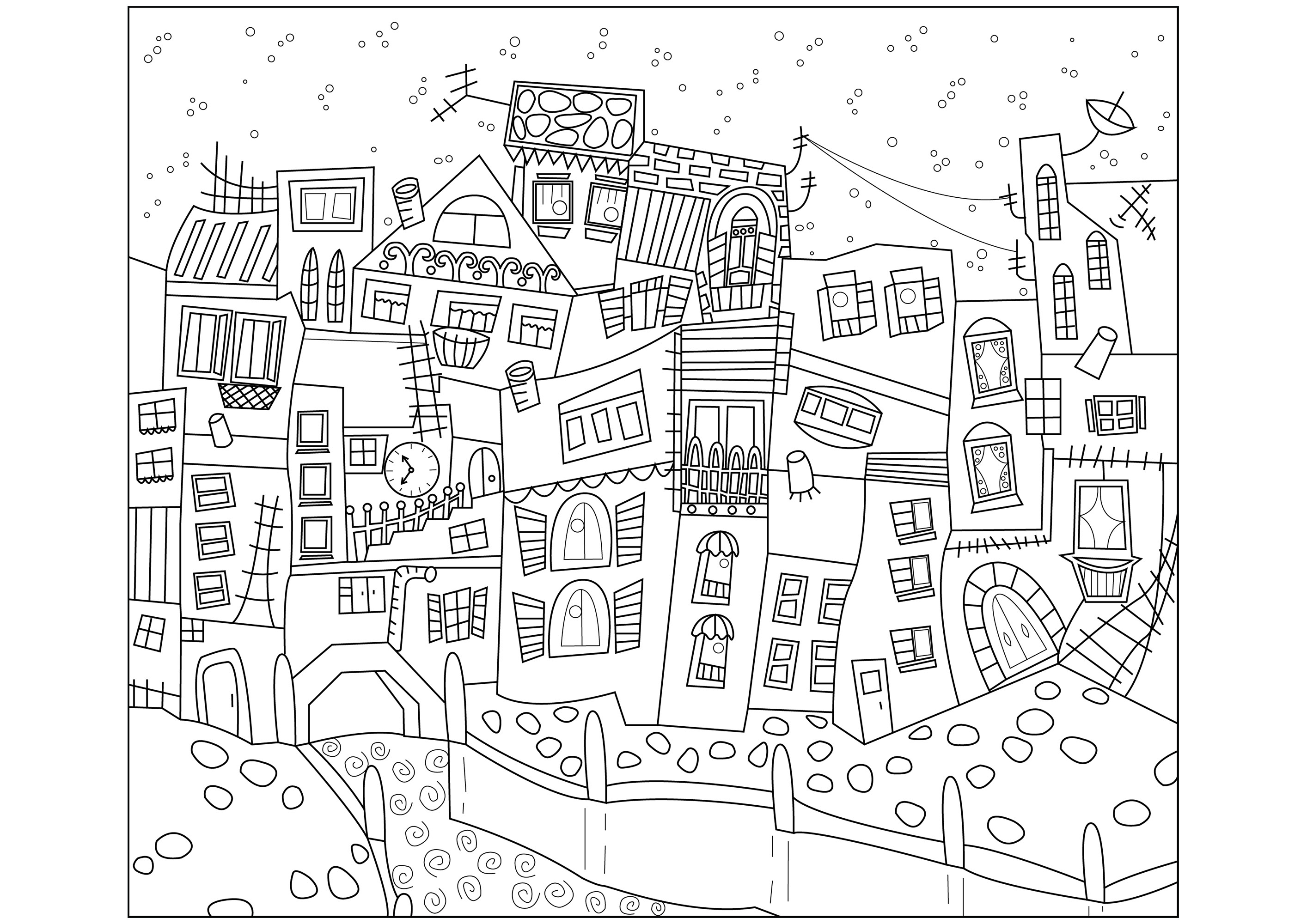 Naive Art style houses (Printable Countries, cities and architecture Coloring Page for adults)