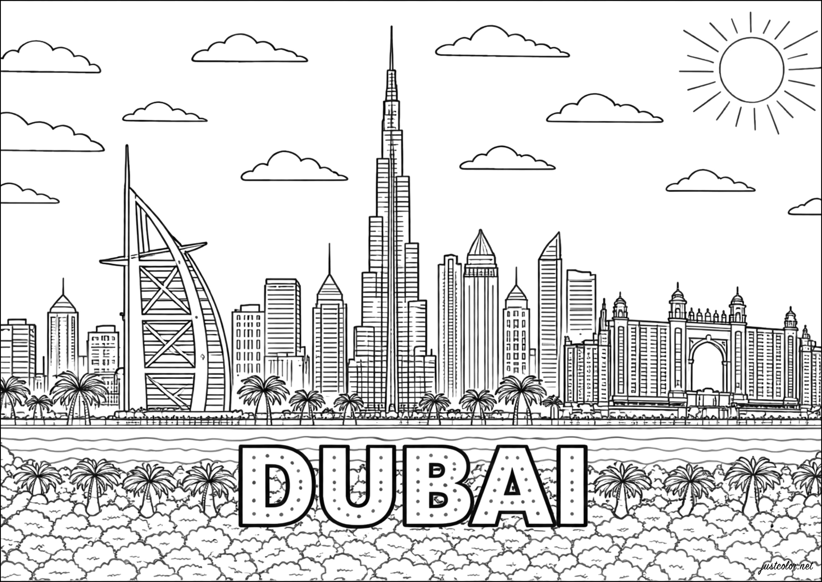 Emblematic panorama of Dubai, between modernity and architectural excess (Printable Countries, cities and architecture Coloring Page for adults)
