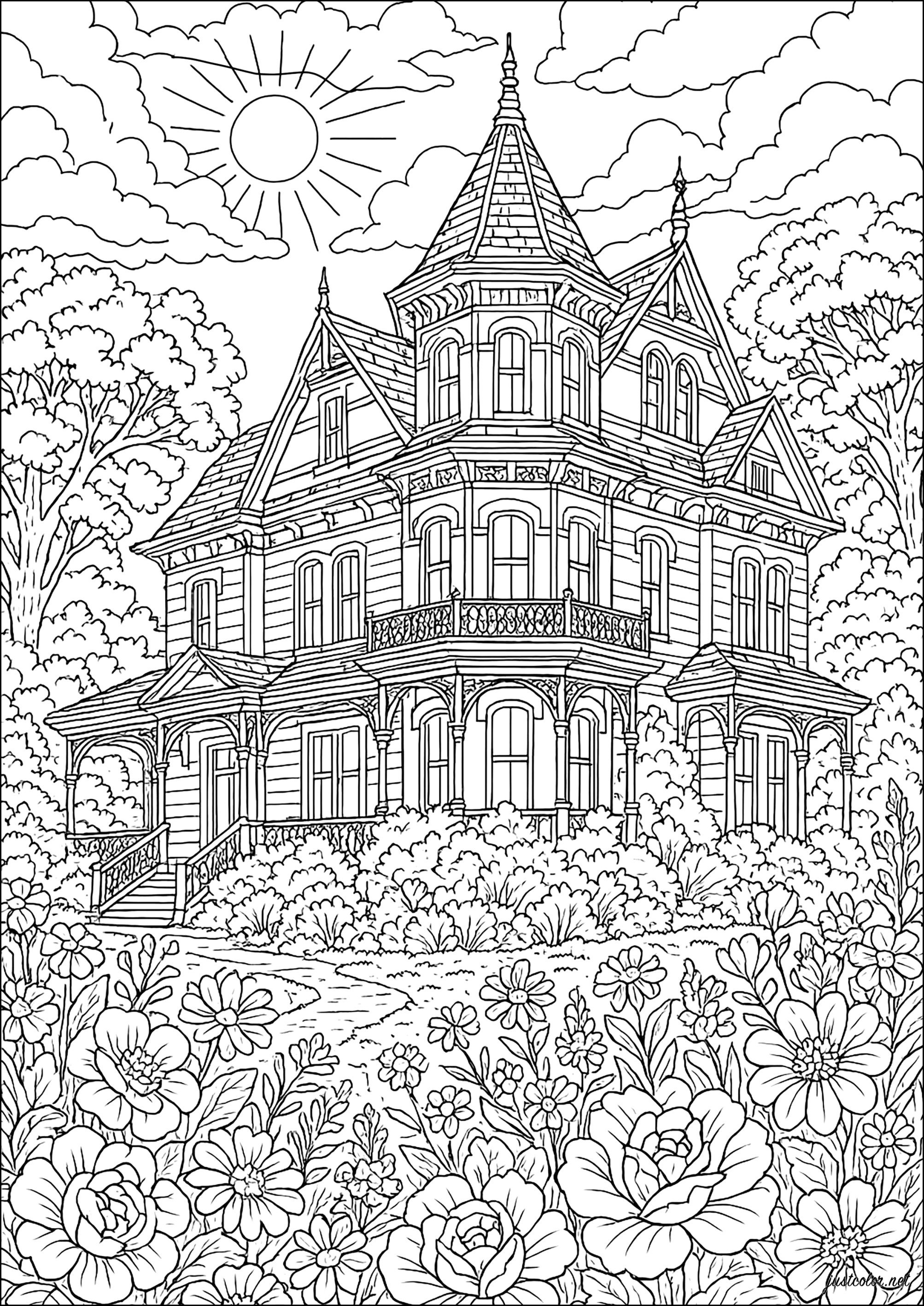 Victorian Manor and its Flower Garden (Printable Countries, cities and architecture Coloring Page for adults)