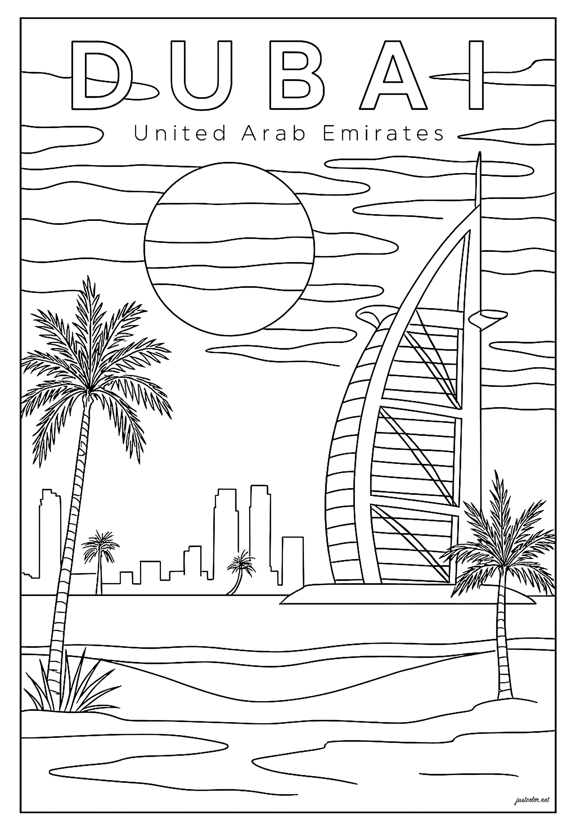 Dubai, United Arab Emirates (Printable Architecture, countries and cities Coloring Page for adults)