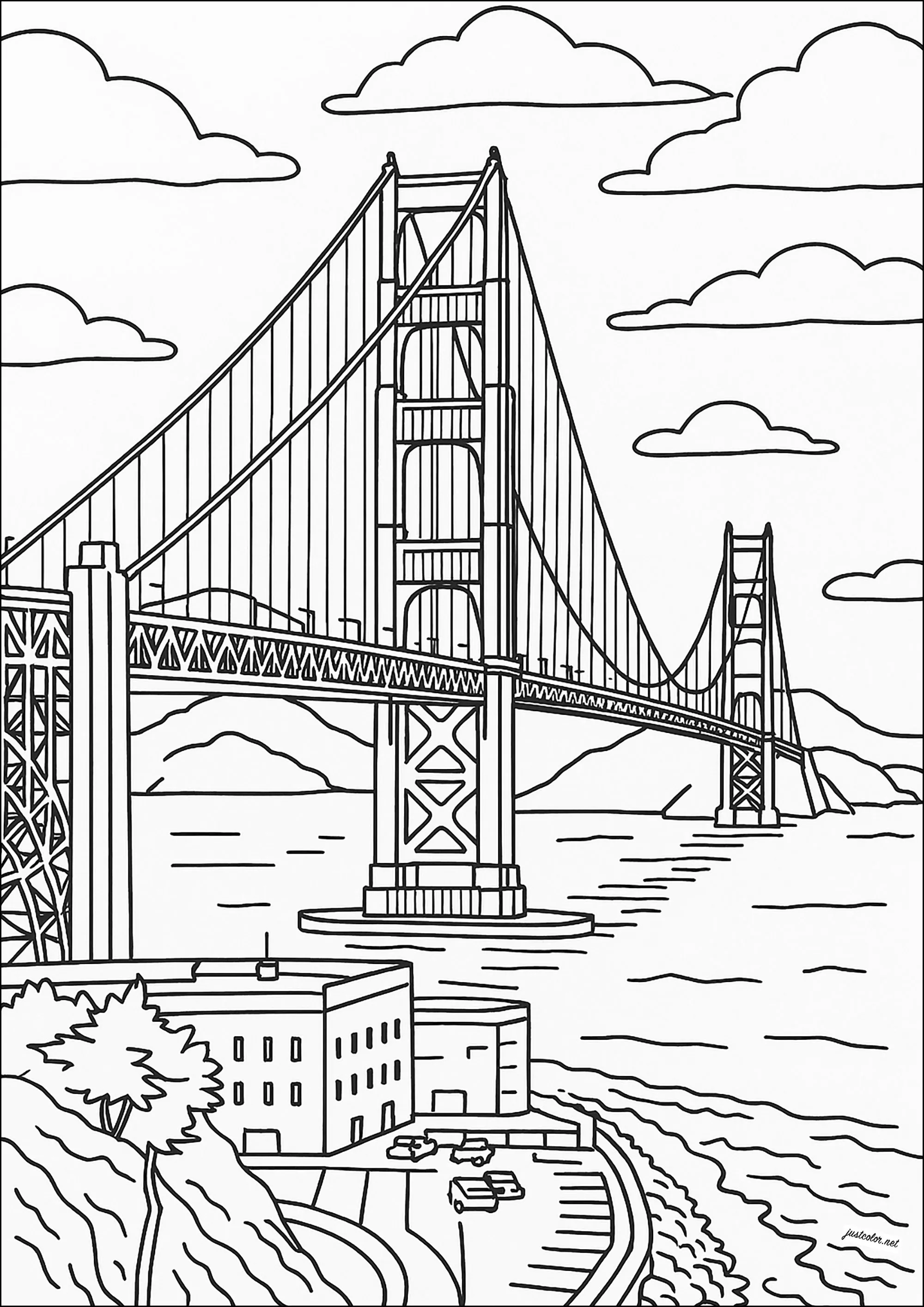 Golden Gate Bridge in San Francisco (California, USA) - portrait format (Printable Architecture, countries and cities Coloring Page for adults)