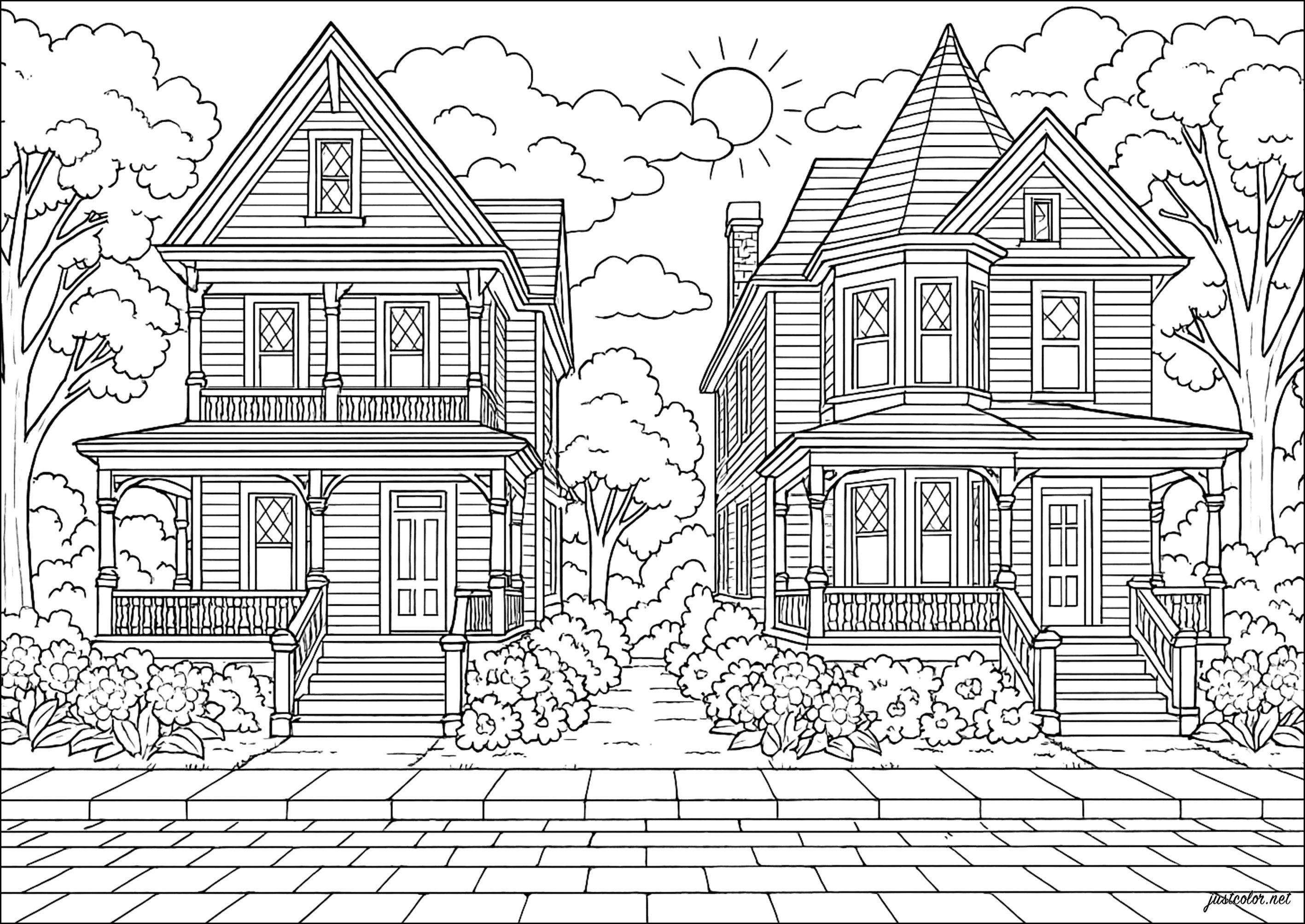 Majestic Victiorian houses (Printable Countries, cities and architecture Coloring Page for adults)