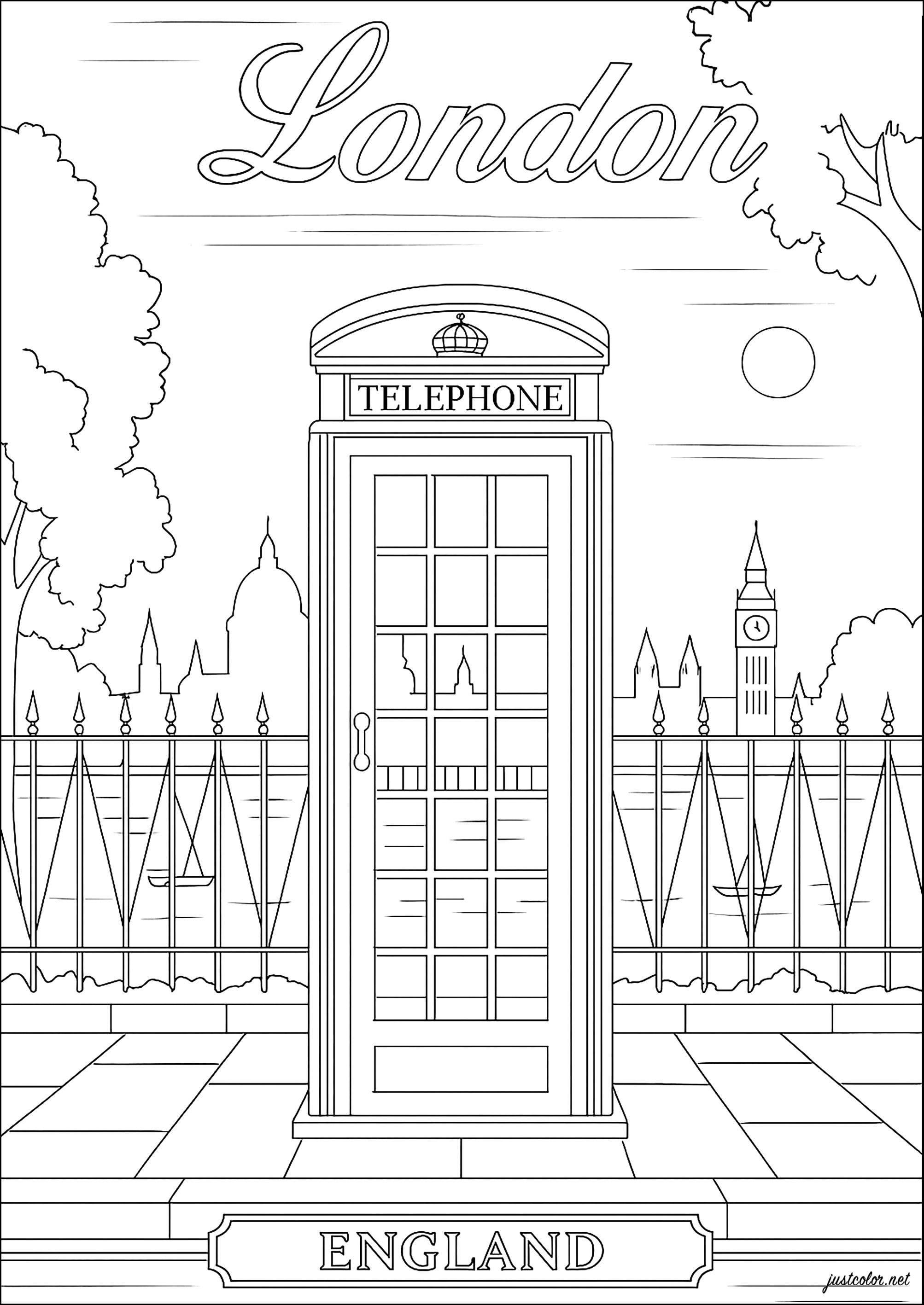 London telephone booth, United Kingdom (Printable Architecture, countries and cities Coloring Page for adults)