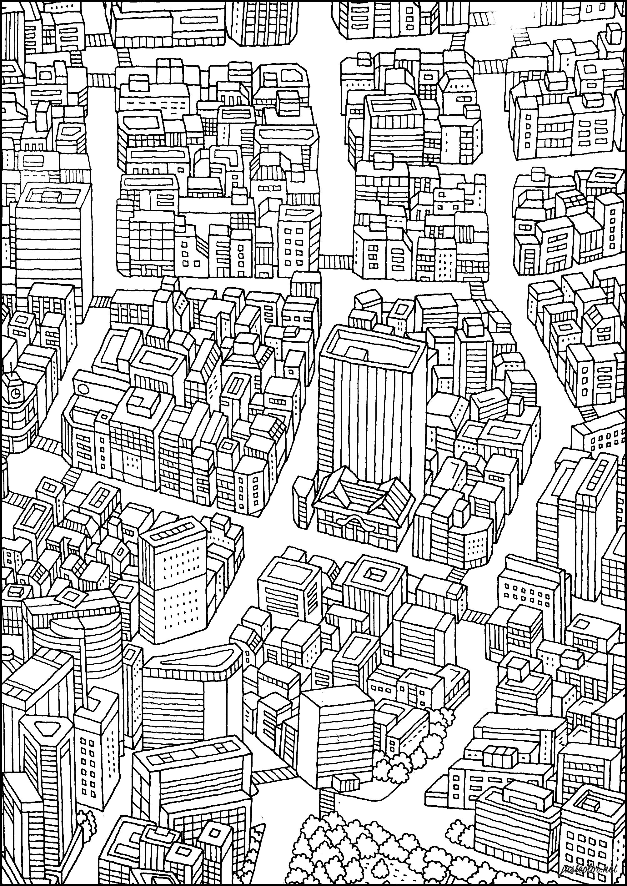 Exploring a complex modern city (Printable Countries, cities and architecture Coloring Page for adults)