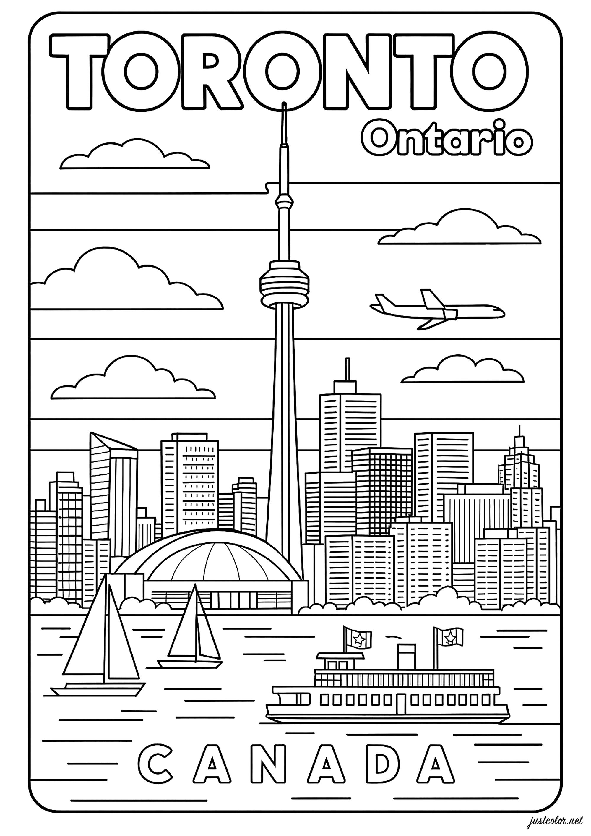 Iconic view of Toronto, Ontario, Canada (Printable Architecture, countries and cities Coloring Page for adults)