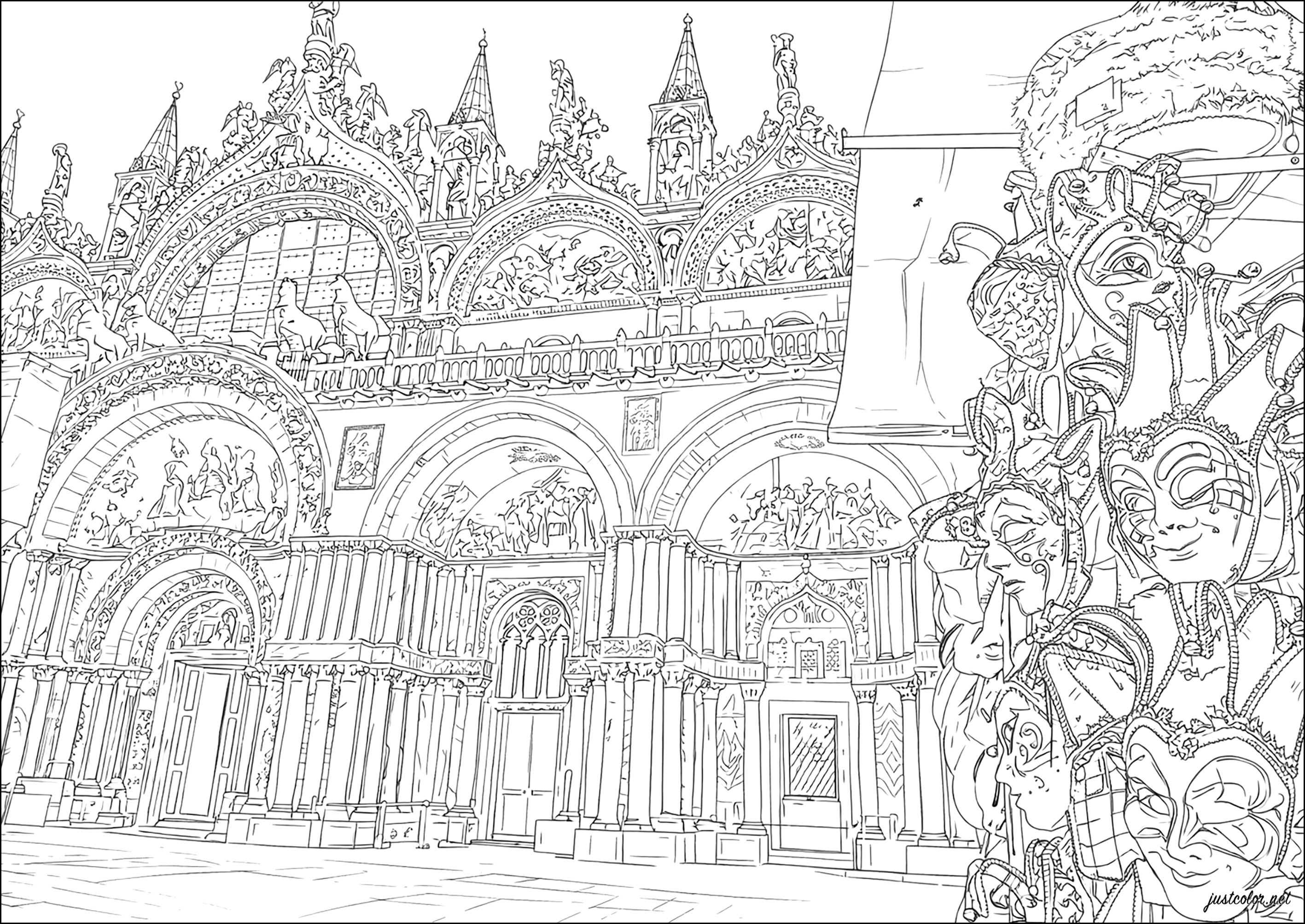 Saint Mark's Basilica in Venice (Printable Countries, cities and architecture Coloring Page for adults)