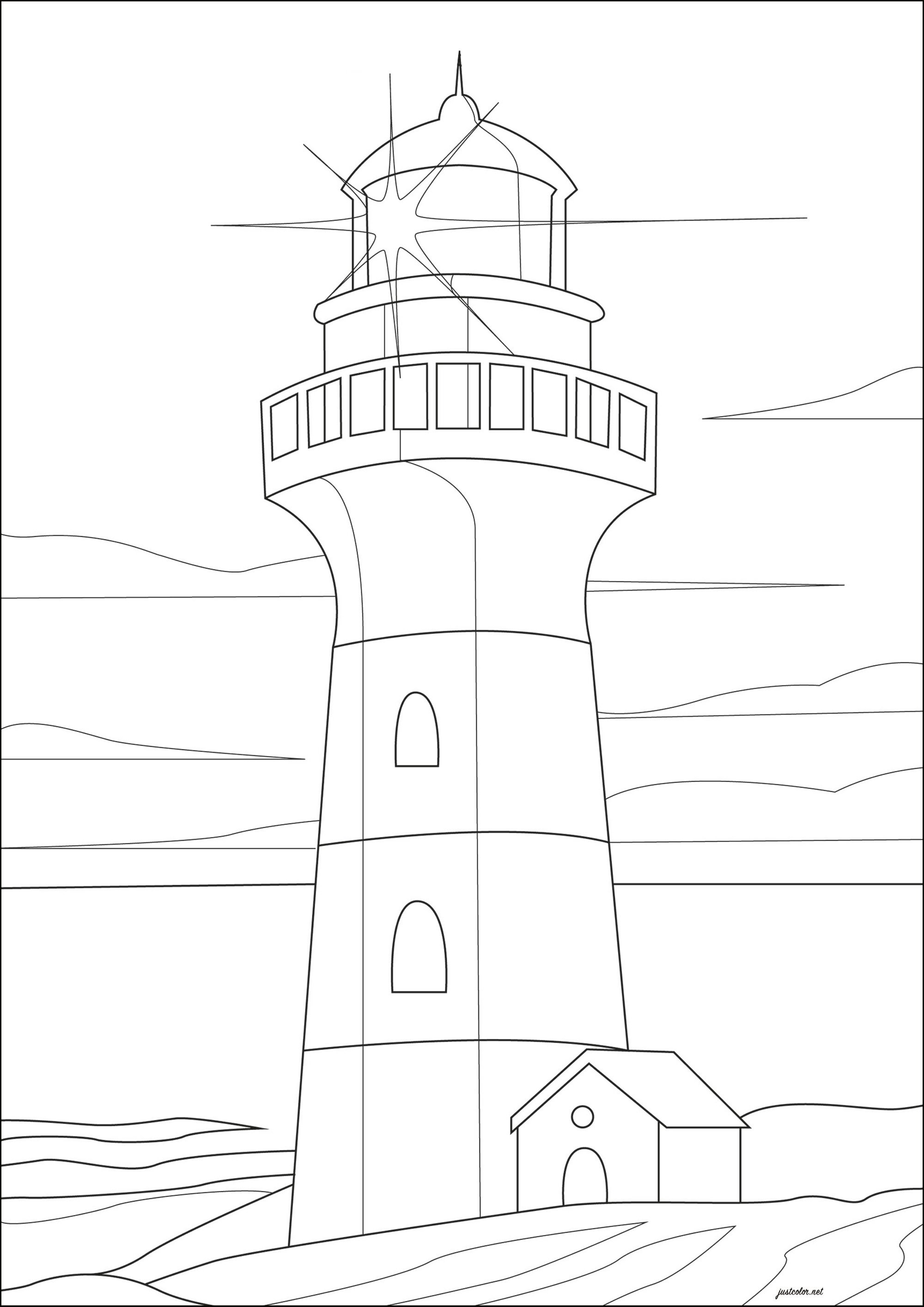 Breton lighthouse and cottage (Printable Countries, cities and architecture Coloring Page for adults)