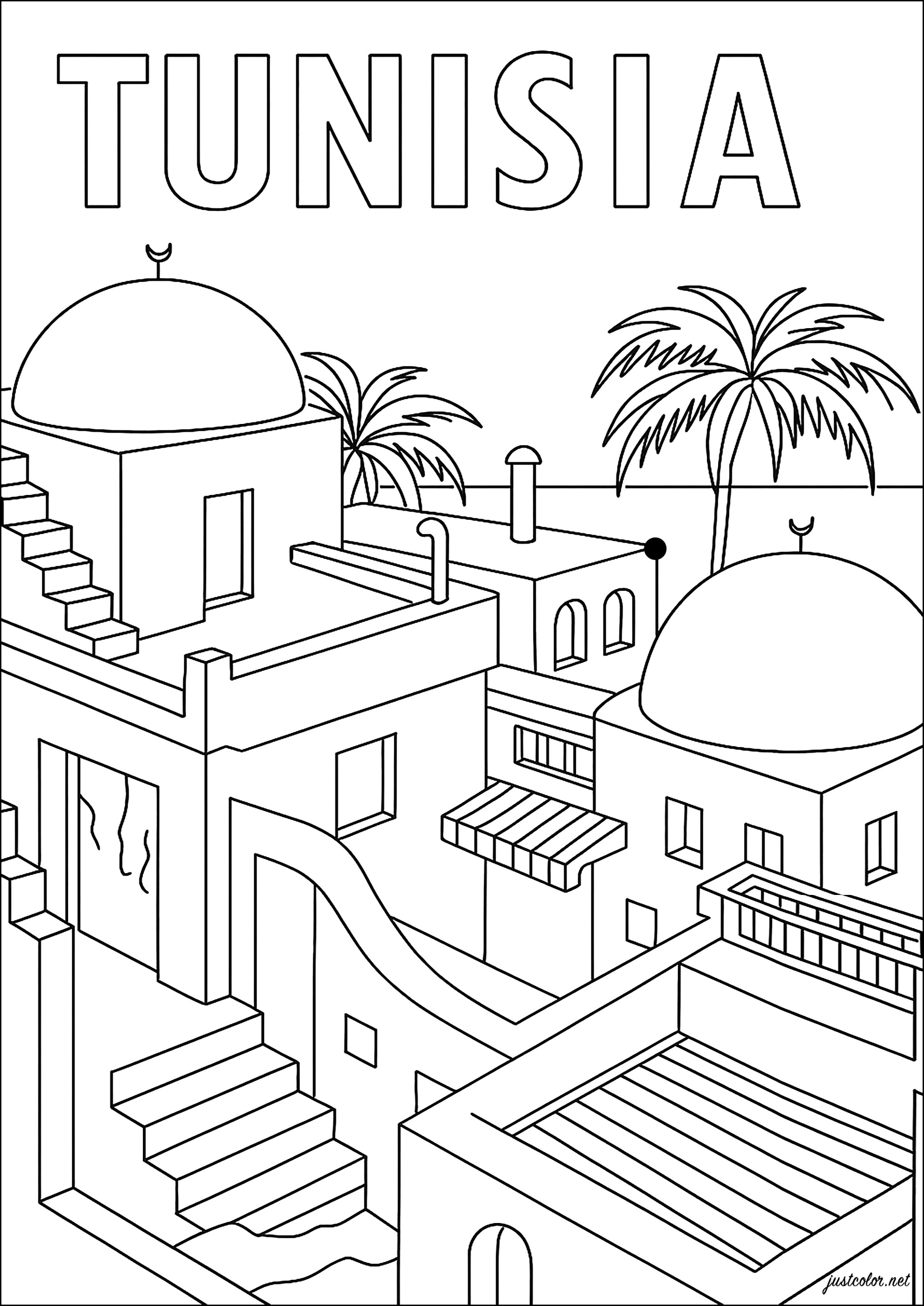 Authentic Tunisian architecture (Printable Architecture, countries and cities Coloring Page for adults)