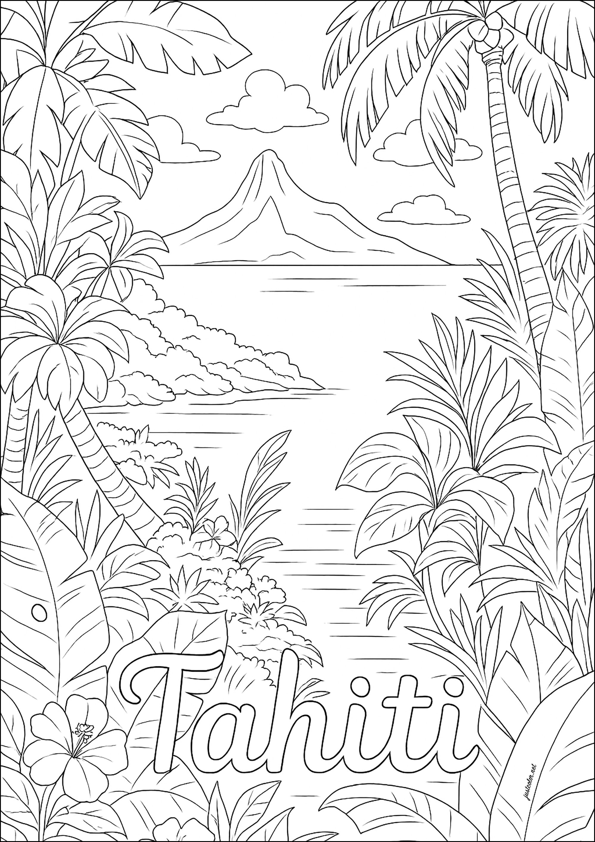 Tahiti: A legendary paradise (Printable Countries, cities and architecture Coloring Page for adults)