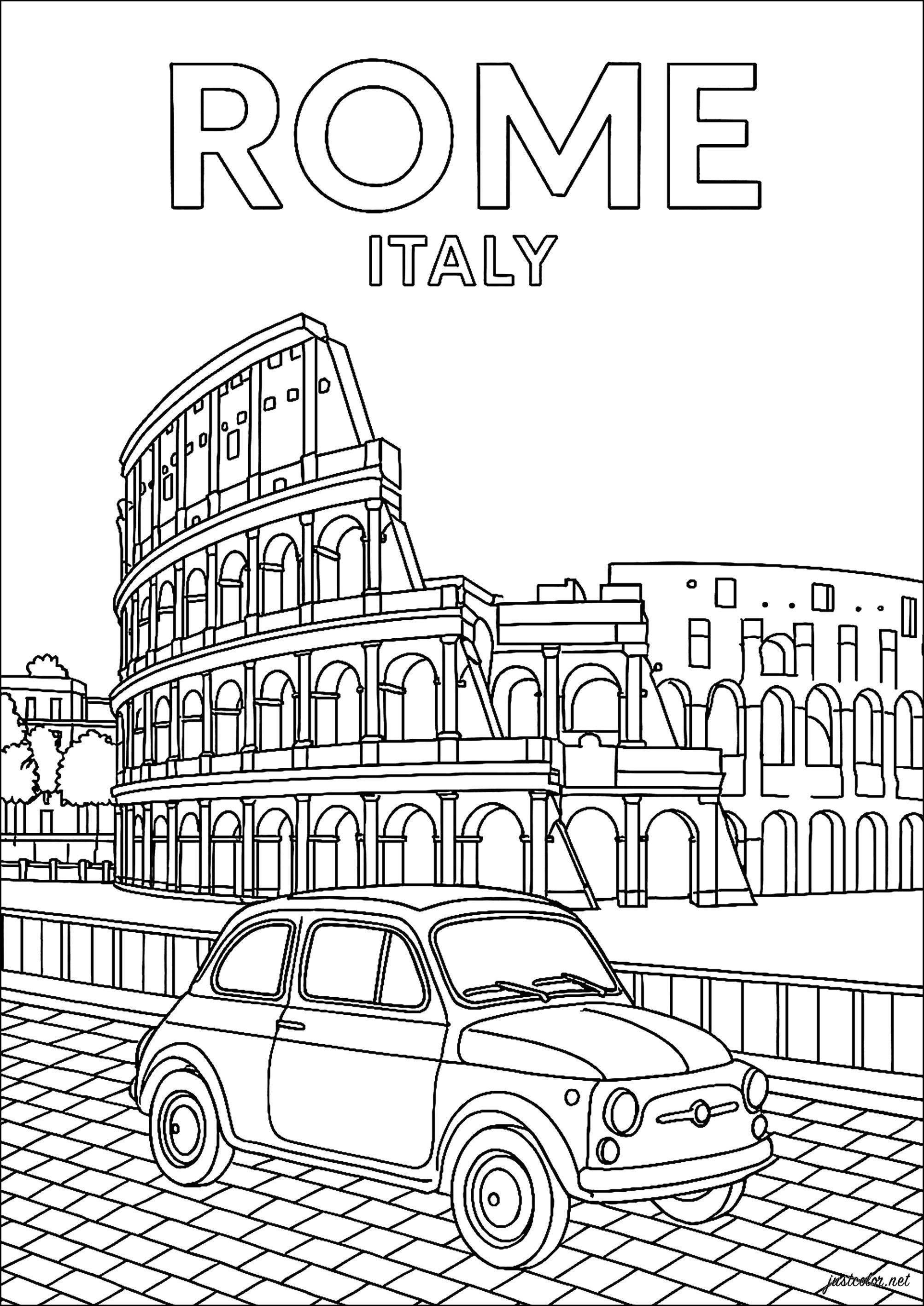 Romantic escape to Rome, the eternal city (Printable Architecture, countries and cities Coloring Page for adults)