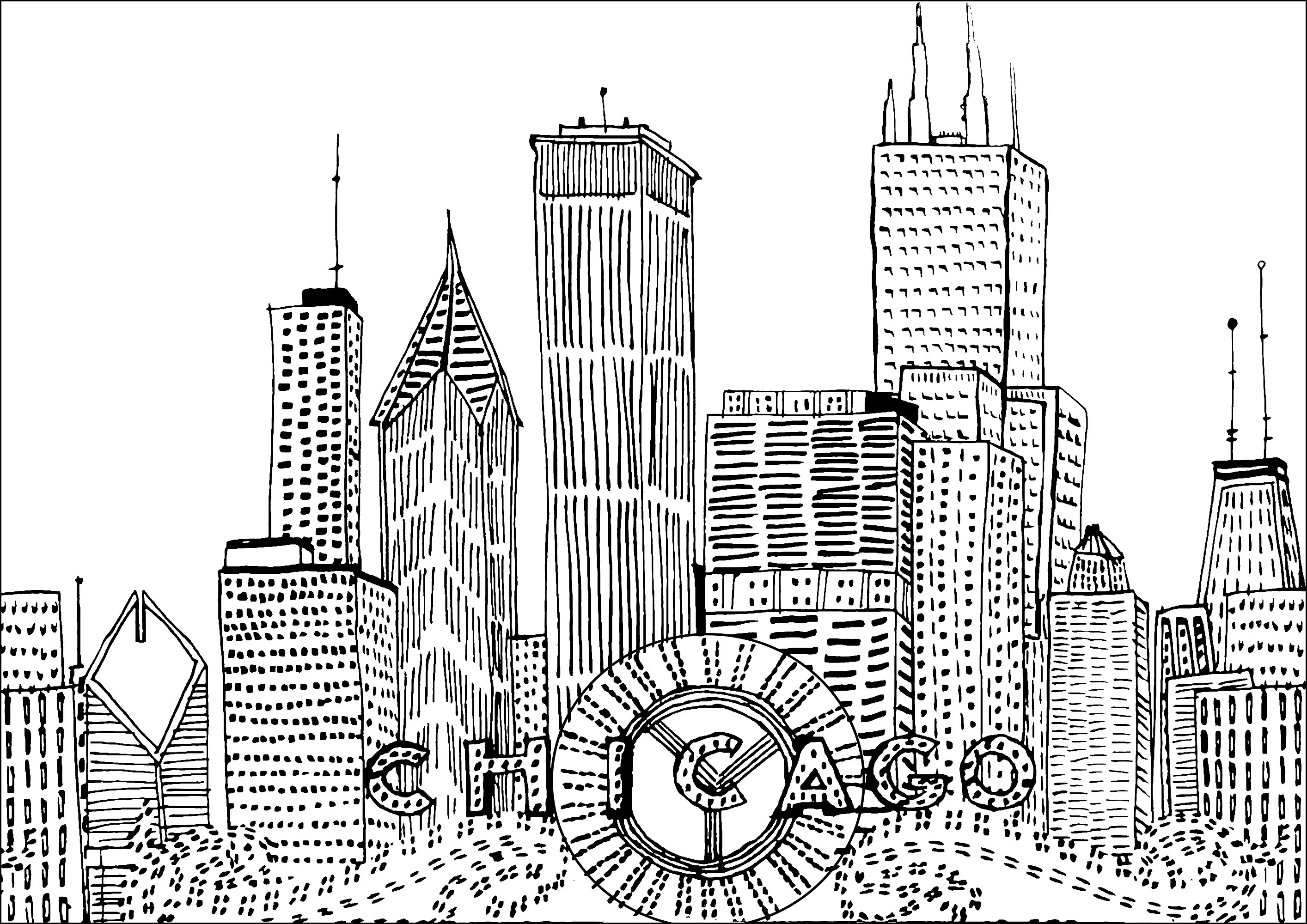 Hand-drawn Chicago skyscrapers (Printable Architecture, countries and cities Coloring Page for adults)