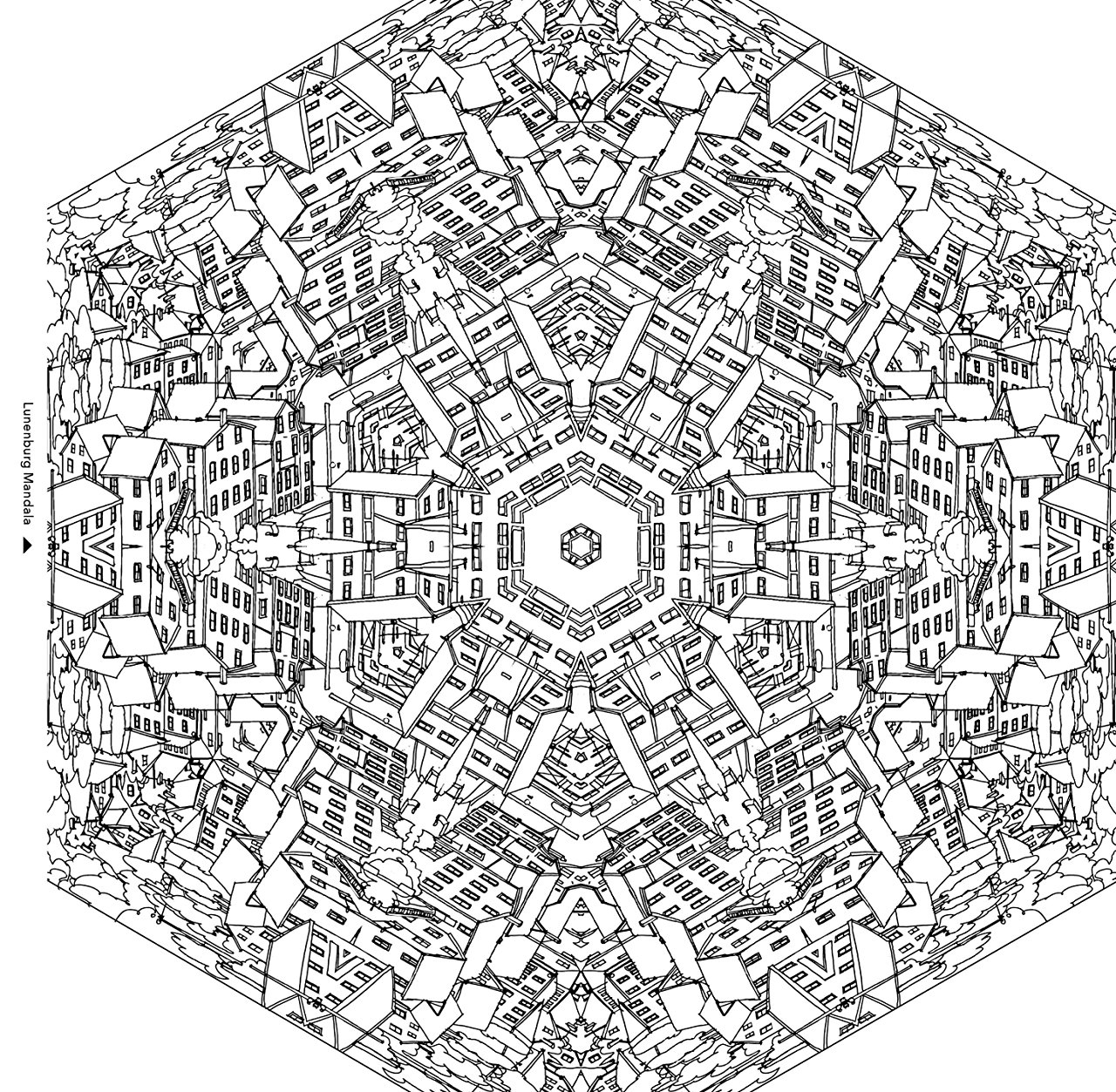 Coloring sheet of a city based on a mandala's pattern