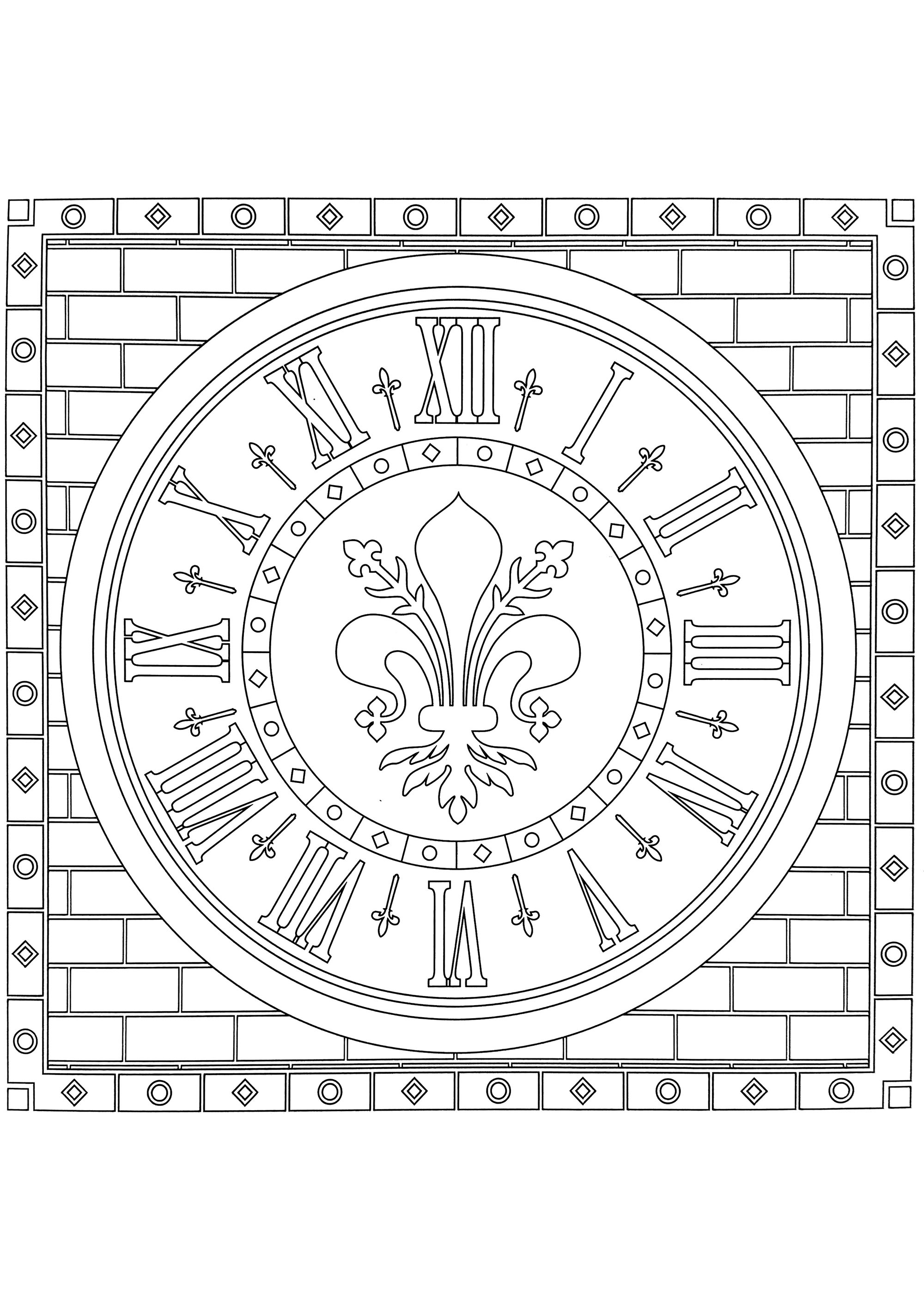 Clock with red Fleur de Lys (symbol of Florence) Architecture, Cities and Houses Coloring