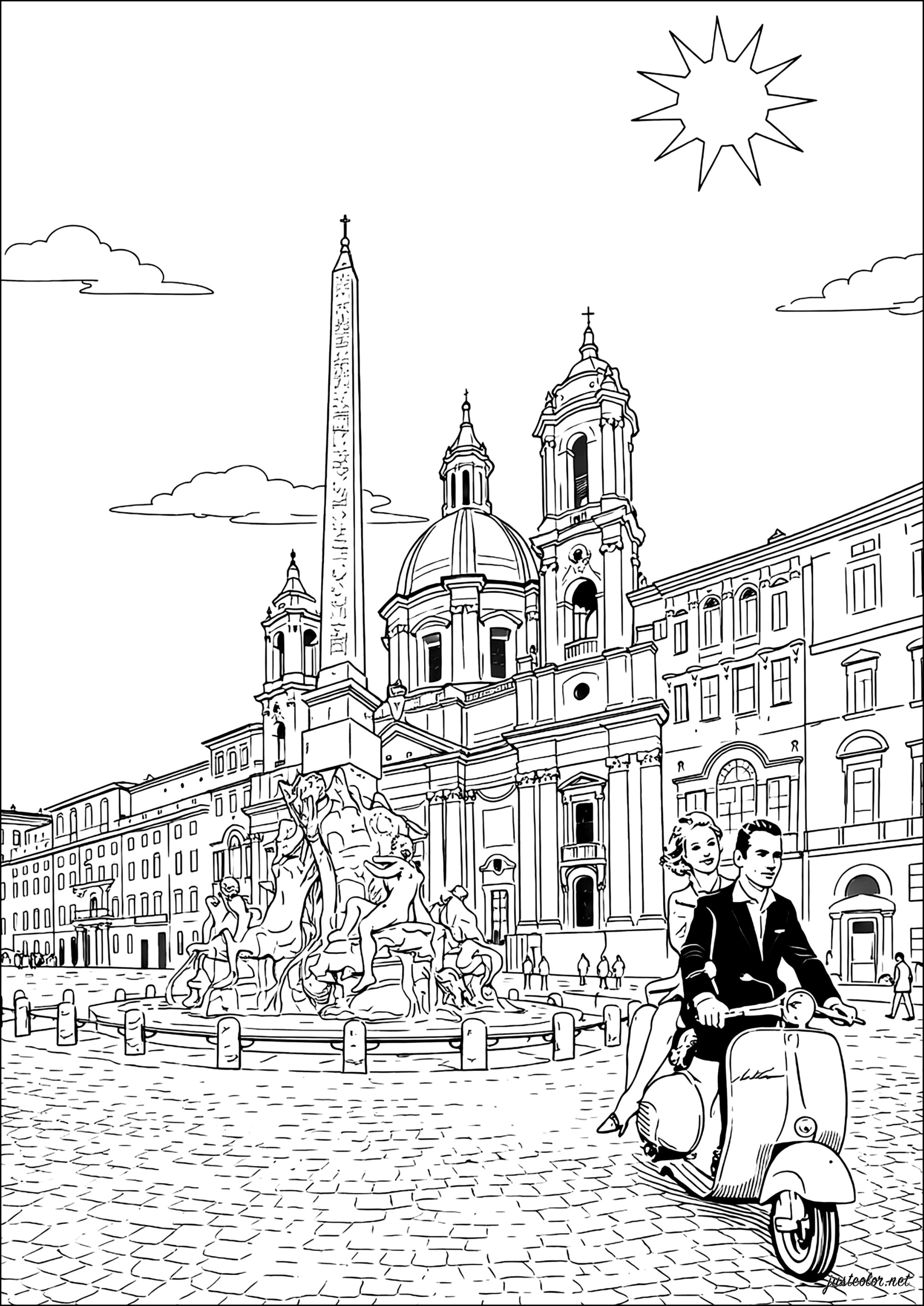 Piazza Navona and the Fountain of the Four Rivers in Rome (Printable Countries, Cities and Monuments Coloring Page for adults)